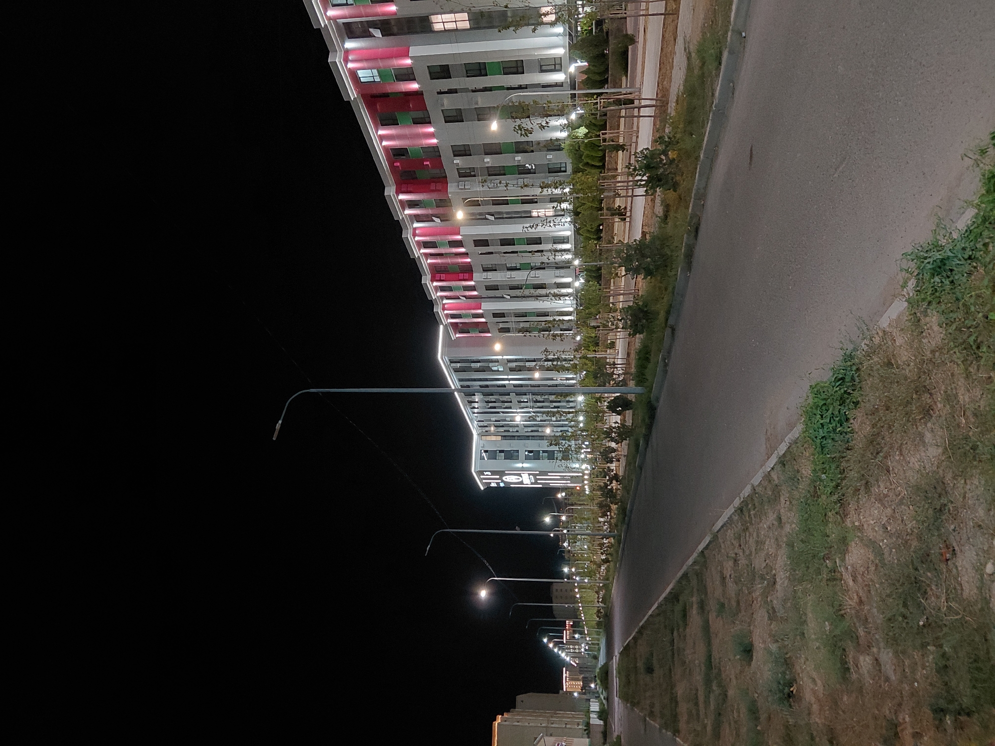 The image depicts a wide, paved road at night in Aktau, Kazakhstan. On the right side of the road is a modern, multi-story building illuminated with red and green lights, with windows visible. Along the building's frontage, there are young trees planted in rows, with streetlights illuminating the area. The left side of the road features a grassy verge and another, lighter-colored building in the distance, also appearing to be residential or commercial. The sky is dark, indicating nighttime. There are no people visible in the scene. The atmosphere is quiet and illuminated by artificial lights.