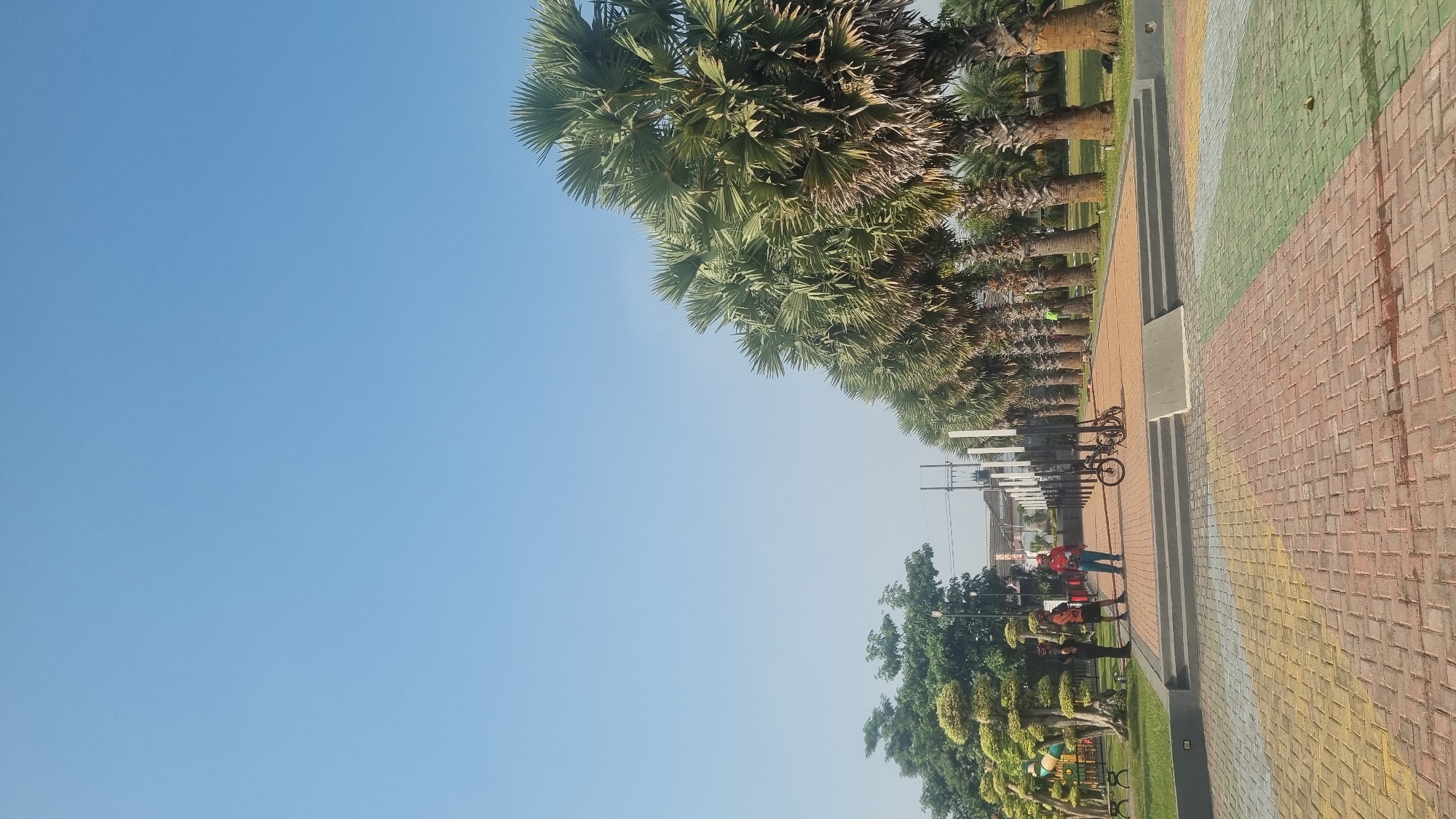 The image depicts a sunny outdoor scene in a park-like setting, likely in Jombang, Indonesia, characterized by a clear blue sky. In the foreground, a paved walkway is laid with multi-colored bricks, predominantly red, yellow, and green. This walkway leads towards a raised area with steps. On this raised area, there are three individuals. One person, wearing a red shirt and blue pants, stands near a bicycle. Another person, in an orange shirt and dark pants, is talking to a third person in a black outfit. A bicycle is parked to the right of the walkway.
The middle ground of the image is dominated by a row of tall palm trees with fan-shaped leaves, lining the right side of the scene. To the left, there is a landscaped area with meticulously trimmed trees, resembling topiary, and beyond that, children's playground equipment is partially visible. In the distance, there are some buildings and utility poles. The overall impression is of a public recreational space on a clear day.