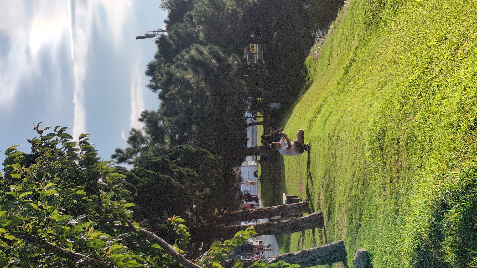 The image depicts a sunny day in Da Lat, Vietnam, with lush green grass covering a gentle slope. In the foreground, a man is crouched down on the grass, holding a smartphone, possibly taking a picture or recording a video. He is wearing a light-colored shirt and shorts. Behind him, several large trees with dense foliage provide shade. Further in the background, a road is visible with several vehicles and people walking along the sidewalk. The sky is a mix of blue with scattered white clouds. The scene conveys a sense of a peaceful afternoon in a park or public space.