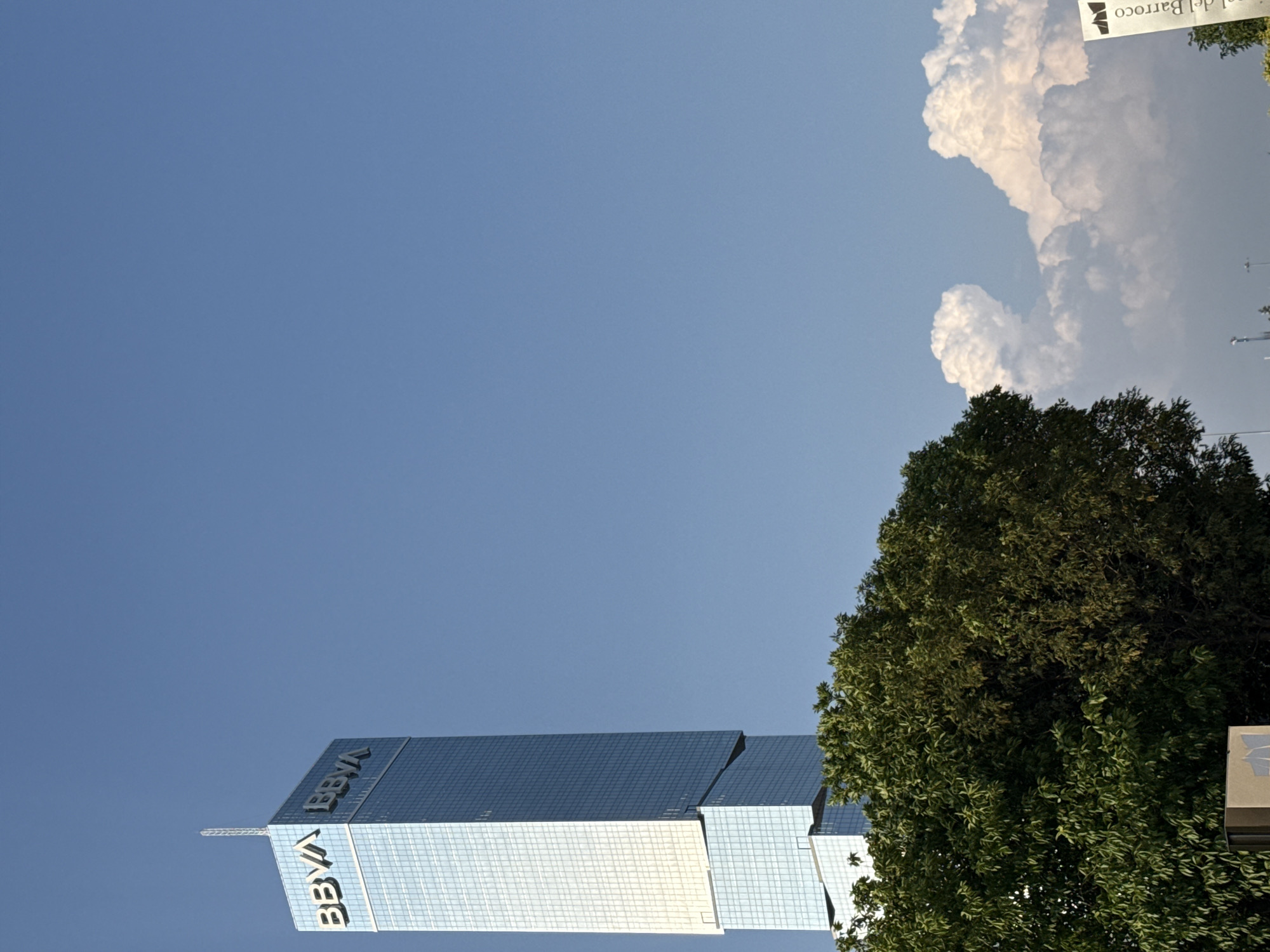 A low-angle shot captures a modern glass skyscraper with the BBVA logo against a clear blue sky, with cumulus clouds above and to the right. A large tree with dense green foliage partially obscures the right side of the building. The location is San Bernardino Tlaxcalancingo, Mexico, as identified by the presence of the BBVA building, a significant landmark in the area. A sign with "Barroco" visible on the right edge suggests proximity to a cultural or historical site.