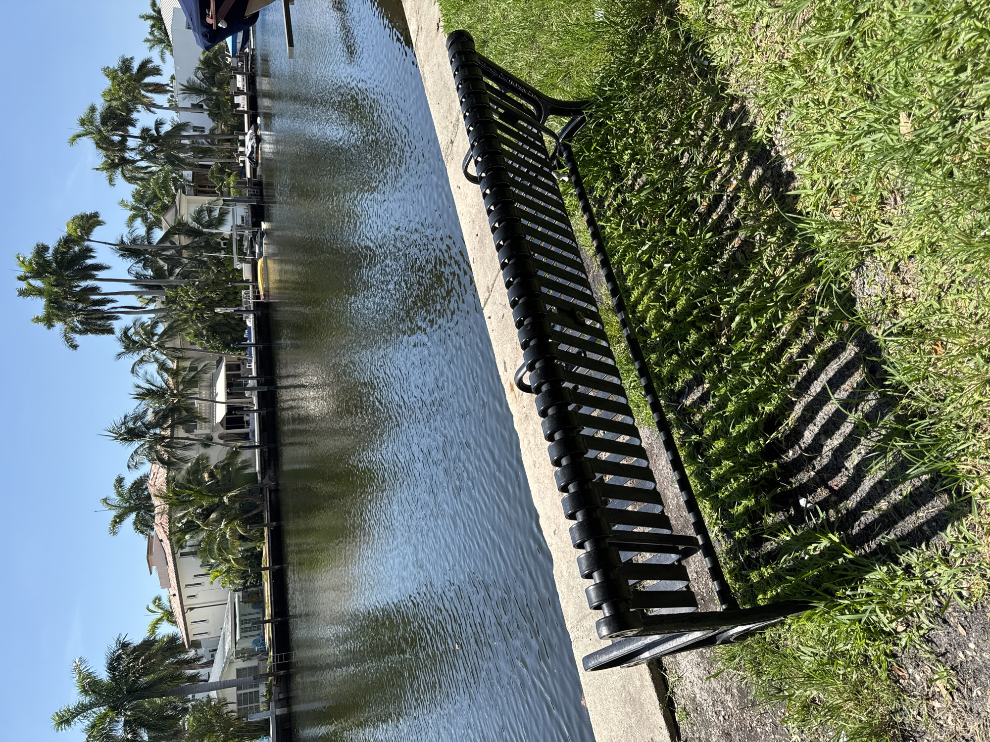This media file captures a waterside scene in Fort Lauderdale, USA. The primary subjects include a black metal bench positioned on a grassy area beside a concrete walkway. Beyond the walkway, a calm canal reflects the clear blue sky. On the opposite bank of the canal, a row of upscale waterfront houses with lush palm trees in front of them are visible. Some boats are moored along the canal. The scene is illuminated by bright sunlight, casting distinct shadows from the bench onto the grass, suggesting it is midday. The overall impression is one of a serene and well-maintained residential area. No people are visible, and no text is present in the image.