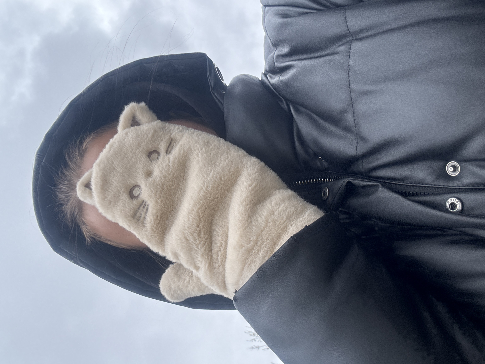 A low-angle, upward-looking shot captures a person outdoors under an overcast sky. The subject is wearing a dark, possibly faux-leather puffer jacket with the hood pulled up, obscuring much of their head and hair. Most of their face is playfully concealed by a fluffy, light cream-colored mitten shaped like a cat's head. The mitten features embroidered details for eyes, a small nose, and whiskers. The jacket shows details like a zipper on the front and metallic snaps, one of which has partially visible text. The cloudy sky fills the background, suggesting a cool or cold day, appropriate for the warm attire. The image has a casual and slightly whimsical tone due to the cat-themed mitten.