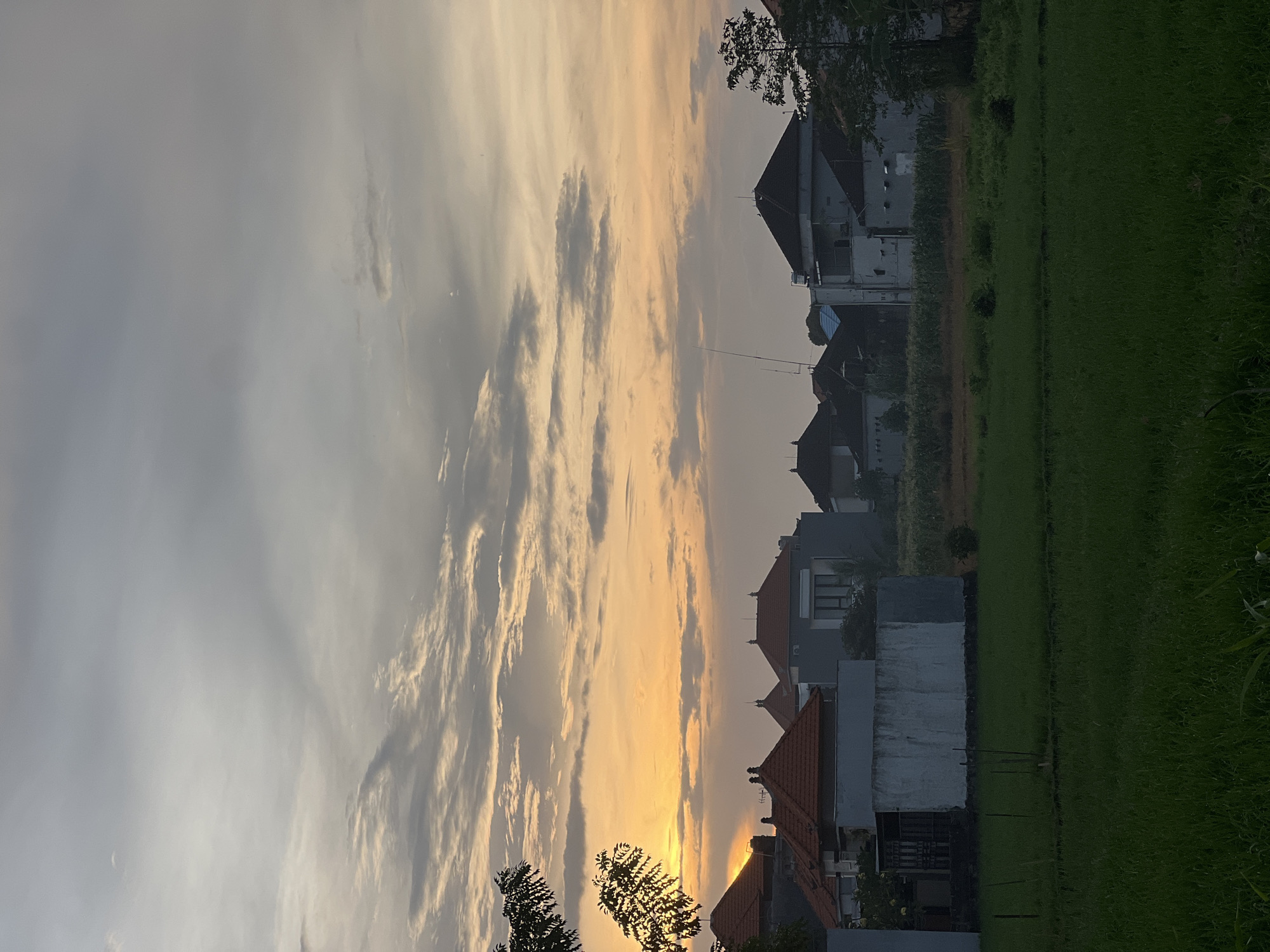The image shows a landscape in Celuk, Indonesia at sunrise or sunset. The sky is filled with streaks of clouds illuminated by a yellow or orange light. A row of houses with roofs varying in color from red to gray is visible. There is lush green vegetation in the foreground or on the right side of the image, potentially representing rice paddies. There are trees visible in the shot as well. The light is diffused, giving the scene a somewhat hazy quality.