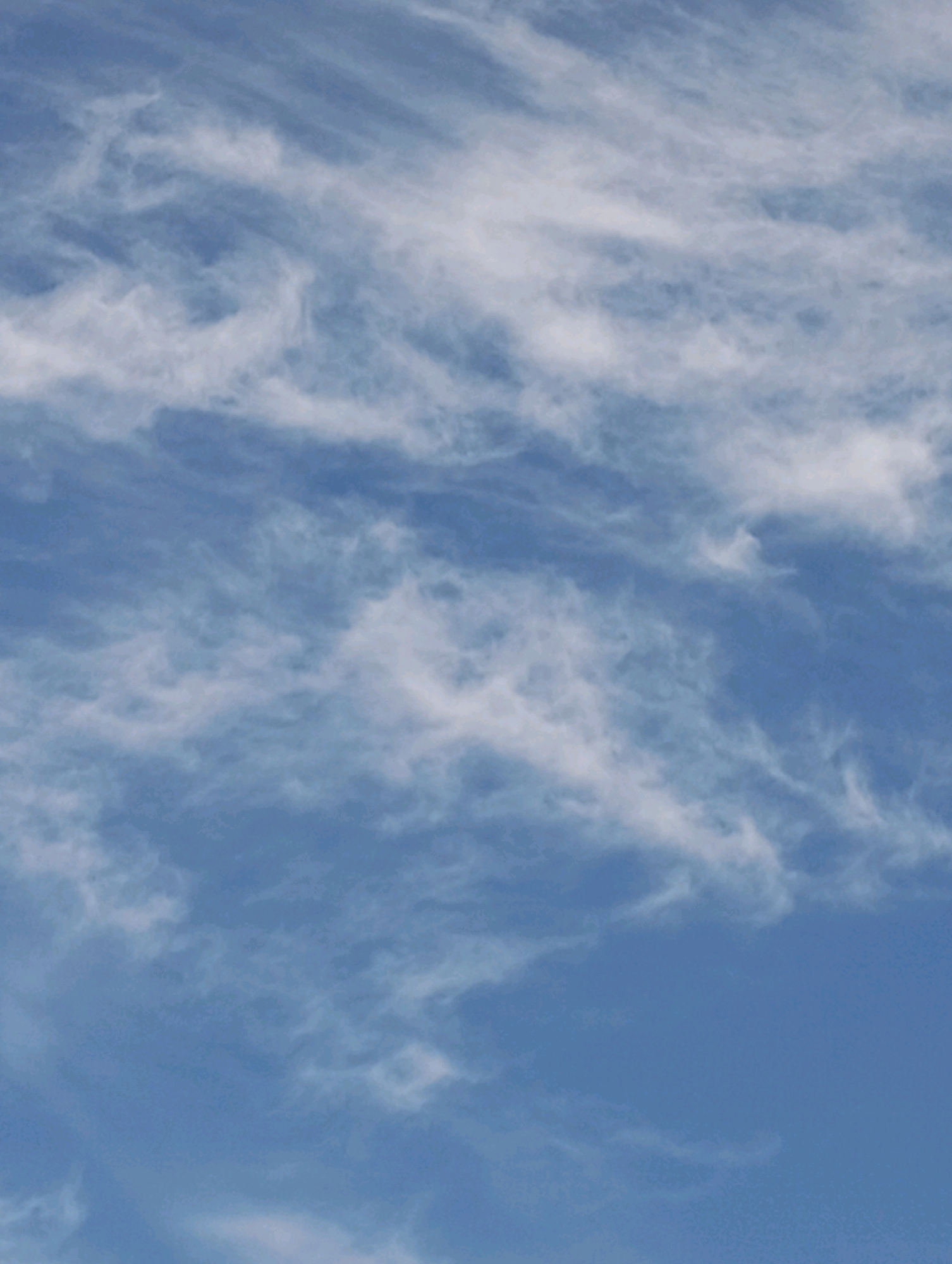 The image is a close-up, vertical shot of a clear blue sky with wispy white cirrus clouds scattered throughout. The clouds appear thin and elongated, suggesting they are high in the atmosphere and possibly being moved by wind currents. The lighting indicates it is daytime, likely with sunlight filtering through the clouds. There are no people, buildings, or any other elements of the city of Horishni Plavni, Ukraine, visible in this frame. The focus is solely on the atmospheric conditions.