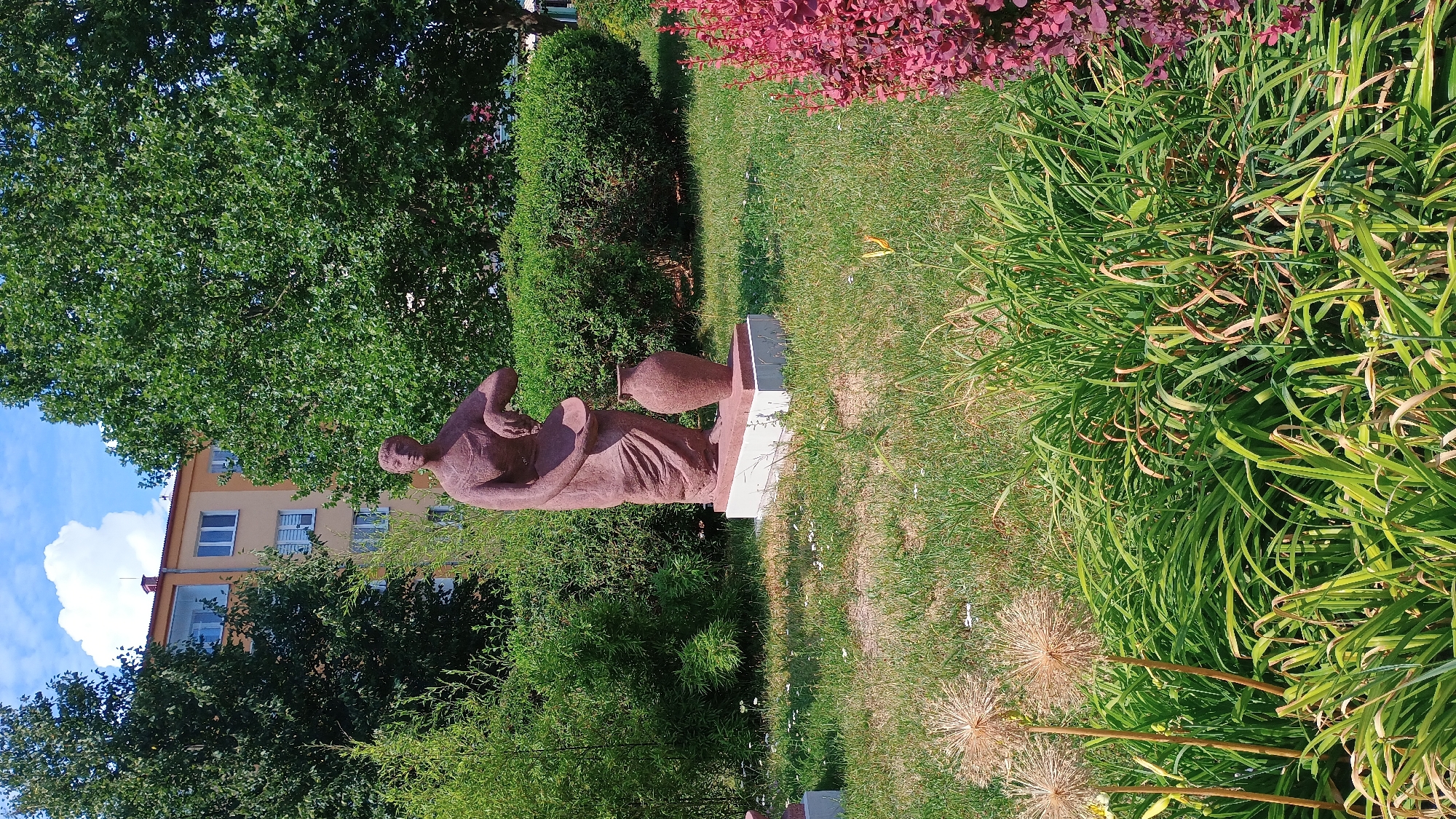 In Sokolov, Czechia, a stone sculpture of a woman holding a pot stands in a grassy area. The sculpture is reddish-brown and depicts a woman in a draped garment, with her left arm bent and holding a plate or shallow bowl. A large, dark brown vase rests beside her right leg. The sculpture is situated on a multi-tiered base of white and reddish-brown stone. Behind the sculpture, a dense green hedge forms a backdrop, and further back, a light-colored building with balconies is visible, partially obscured by mature trees. The foreground is dominated by lush green grass, with scattered small white flowers and some dried seed heads of plants. To the right of the sculpture, a bush with vibrant red leaves adds a splash of color to the scene. The sky above is blue with a few fluffy white clouds.