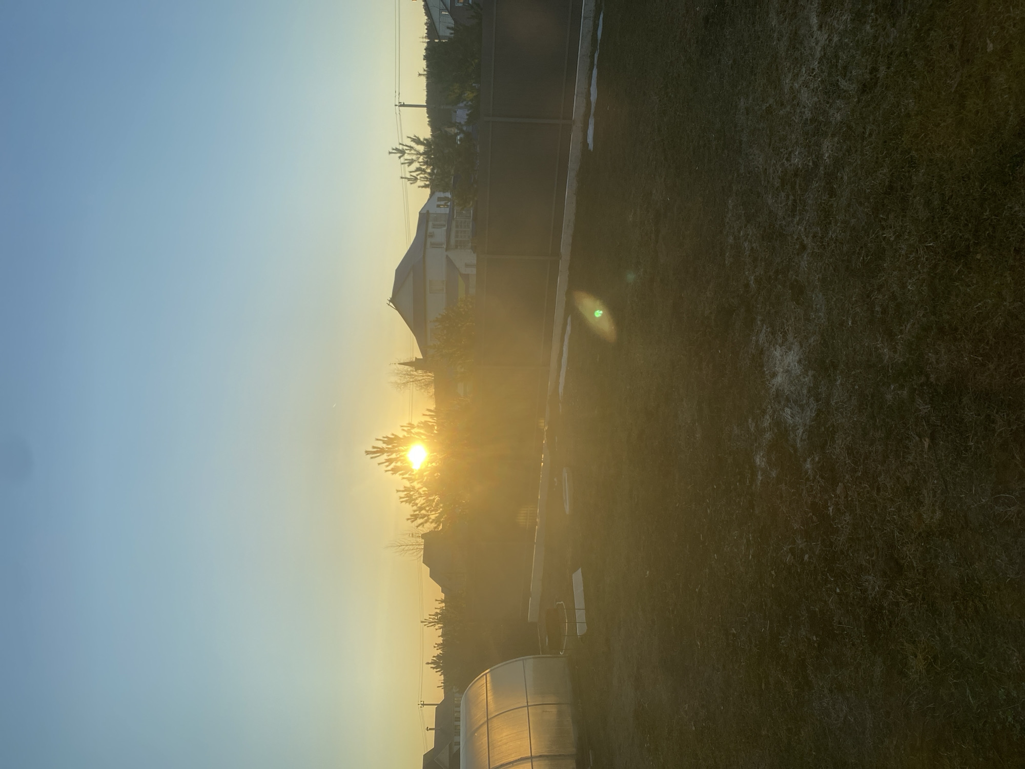 The image shows a landscape at sunset, possibly in Chaikovsky, Russia, given the request context. The sun is positioned low on the horizon, with its rays partially obscured by trees, causing a strong lens flare. The sky transitions from a light blue to a yellow-orange hue towards the horizon. A fence and a two-story building are visible in the background. In the foreground, there is a patch of grass with some areas of melting snow. A structure resembling a small greenhouse or garden cover is present in the lower left corner. There are no people visible in the image. The scene appears to capture a moment of sunset in a residential area with gardening elements.