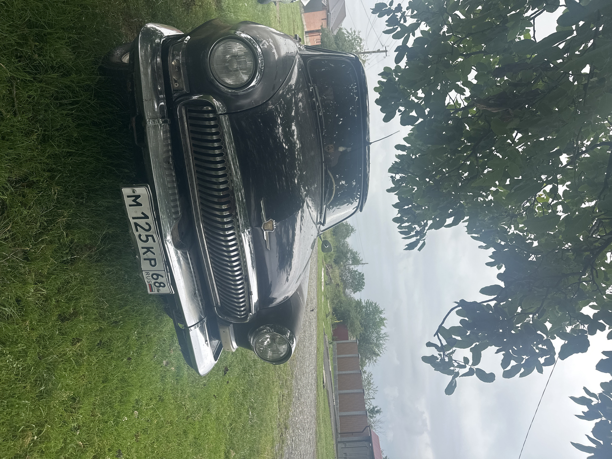 An old, black, four-door sedan, likely a GAZ-21 Volga, is parked on a grassy area next to a gravel road. The car has a chrome grille and circular headlights. A license plate with the inscription "M 125KP 68 RUS" is attached to the front bumper. The vehicle is partially shaded by the leaves of a large tree. In the background, there is a wooden fence, a building with a red roof, and other trees. The sky is overcast. The location is identified as Dzuarikau, Russia.