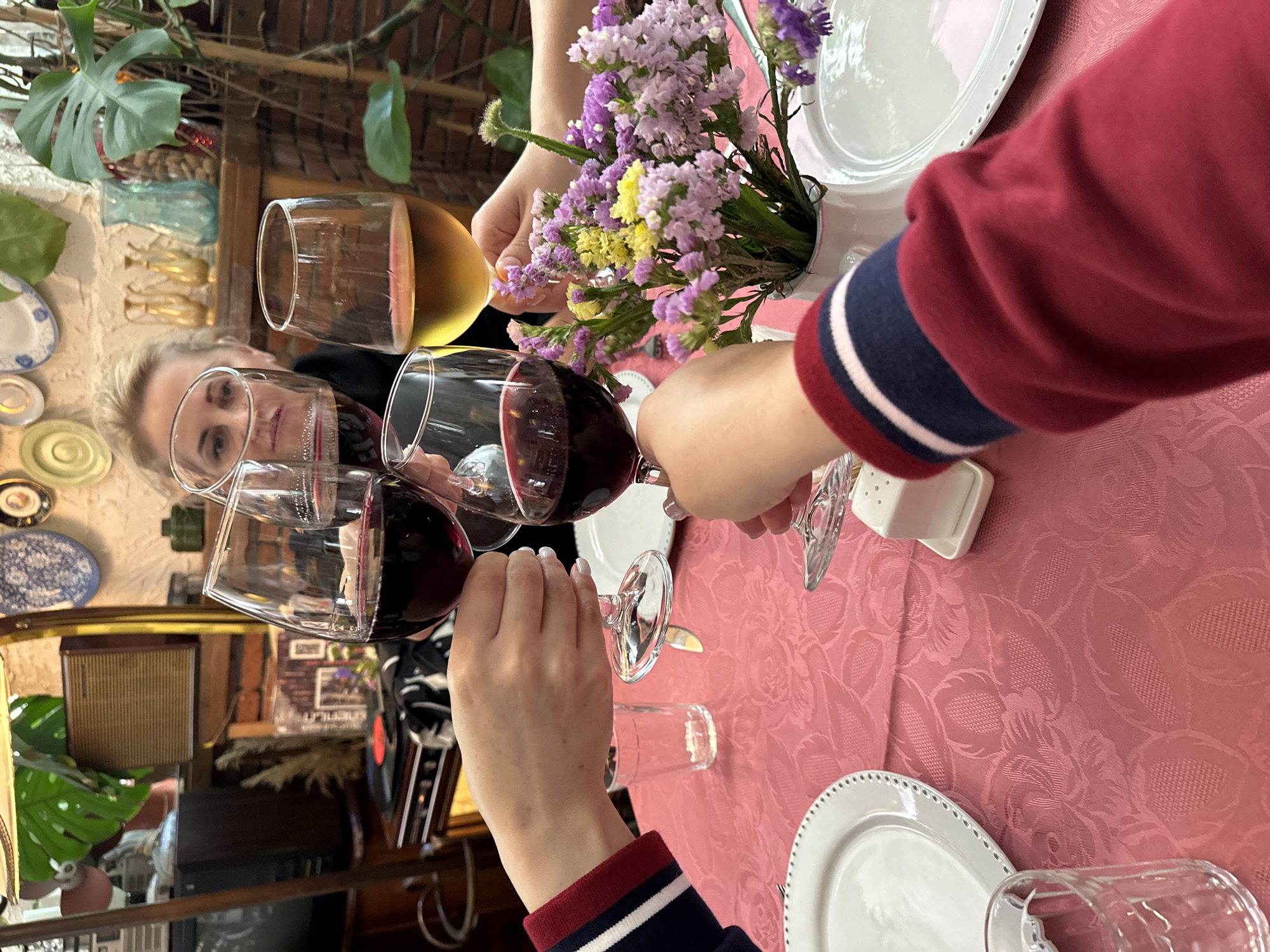 A tilted eye-level shot shows a table setting with individuals toasting with glasses of wine, presumably in Tbilisi, Georgia, judging by the location. The table is covered with a pink patterned tablecloth and set with white plates. In the center of the table is a small vase with a bouquet of purple and yellow flowers.
Several hands hold wine glasses filled with both red and white wine, raised in a toasting gesture. The individuals are wearing sweaters with striped cuffs in red and navy. Behind the wine glasses, a woman with short blonde hair looks directly at the viewer. The background shows a cluttered interior with a variety of decorative items including plates, vases, a record player, and plants. The environment suggests a restaurant or home setting with a relaxed, celebratory atmosphere.