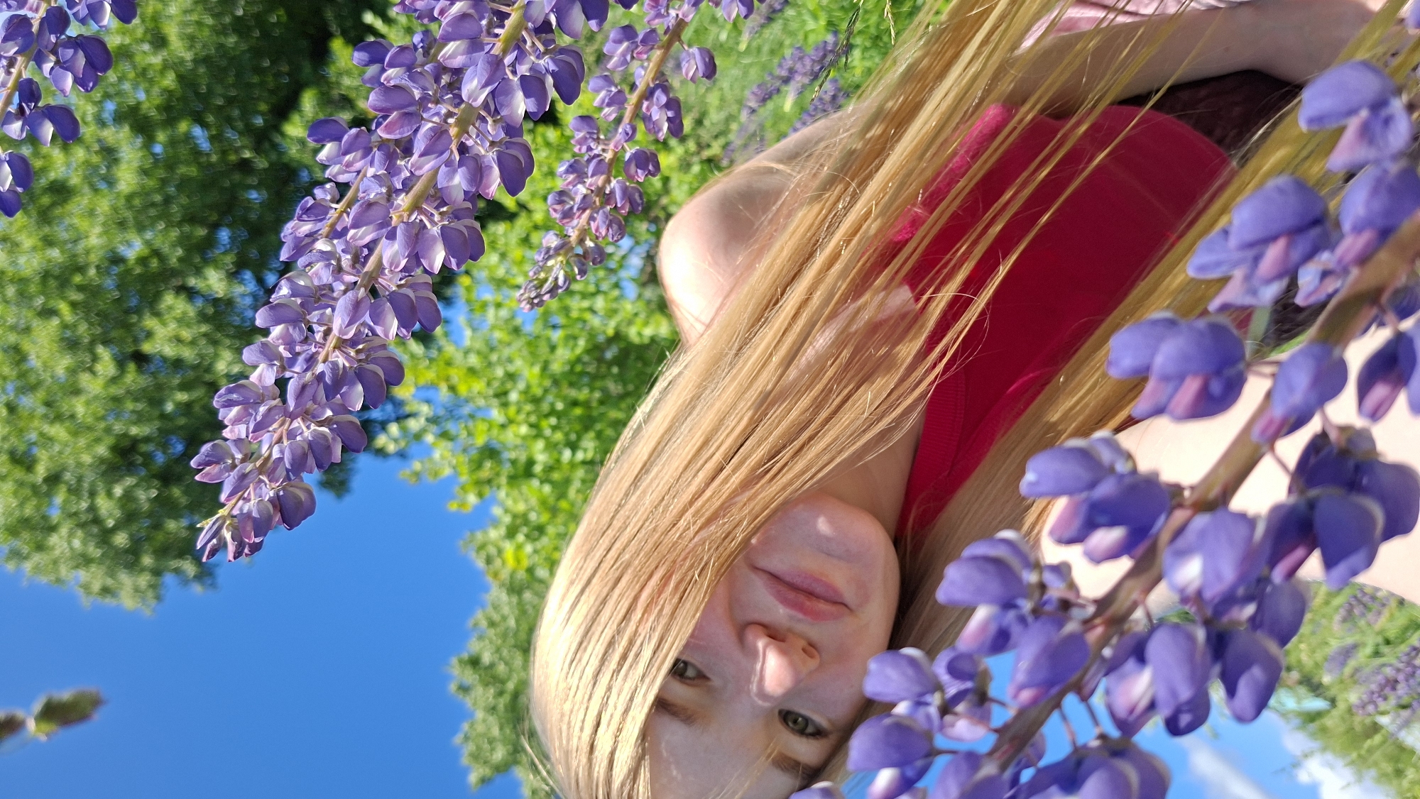 A young Caucasian female with long blonde hair is pictured in an outdoor setting. She is wearing a pink top and is partially obscured by purple lupine flowers in the foreground. The background consists of green trees and a bright blue sky. The location is the village of Bolshoy Bukor, Russia.