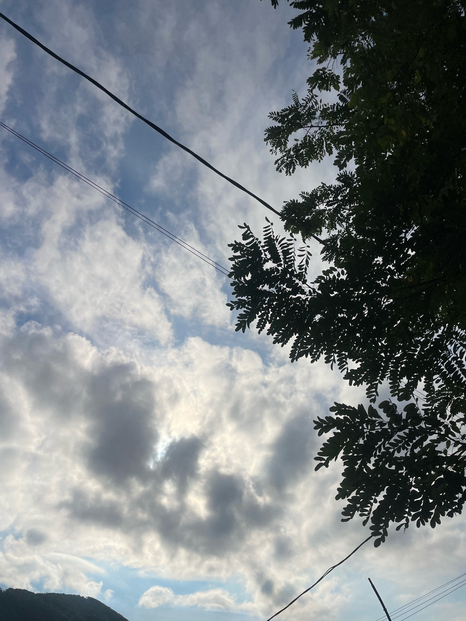 The image shows a view of the sky with clouds, tree branches, and power lines. The sky is partly cloudy with patches of blue sky visible between the white and gray clouds. The sun is partially obscured by the clouds, creating a diffused light. The branches of a tree, silhouetted in dark green, extend from the right side of the frame into the sky. Power lines run diagonally across the upper part of the image, and another thinner line is visible towards the bottom right. In the far lower left, a silhouette of a hillside with some faint structures on top can be seen. The overall impression is a natural scene with man-made elements. The location is identified as Baranovka, Russia, though this is not visually verifiable from the image itself.
