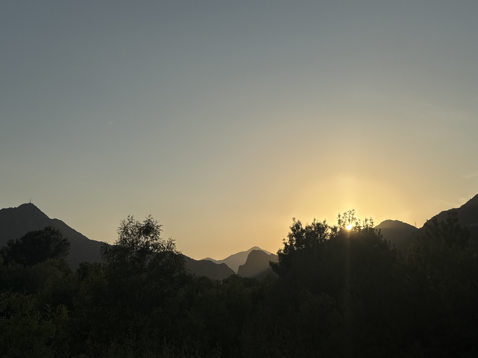 The image depicts a silhouetted mountain range against a pale orange and blue gradient sky at sunset. The sun is low on the horizon, partially obscured by the dark foliage of trees in the foreground and the peaks of the mountains. Rays of sunlight emanate from behind the trees and mountains, creating a luminous glow. The lower portion of the image is dominated by dark, dense vegetation, forming a thick forest that obscures the ground. The mountains in the background are layered, with some peaks appearing sharper than others, suggesting distance. The overall scene is tranquil and natural, characteristic of a rural or mountainous landscape. This view is consistent with the natural surroundings of Virpazar, Montenegro, a town situated on the shores of Lake Skadar, known for its mountainous backdrop and natural beauty, especially during sunrise and sunset. There are no people or animals visible in the image.
