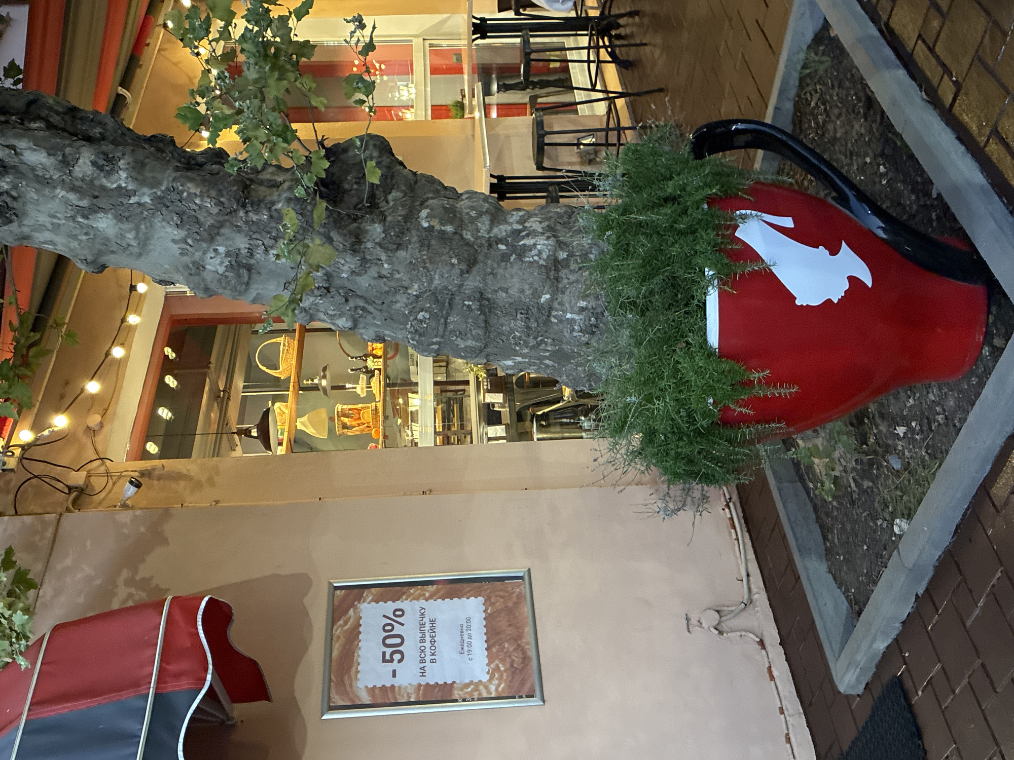 This image depicts an outdoor seating area of a cafe in Sochi, Russia. A large, textured tree trunk dominates the center of the frame, its branches partially obscuring the building behind it. The building features a red and yellow awning and large windows, behind which various cafe items like shelves, baskets, and bottles are visible. String lights are strung across the top of the scene, casting a warm glow. In the foreground, a massive, red coffee cup serves as a planter, overflowing with green foliage. A white silhouette of a woman's profile adorns the side of the cup. A framed sign on the wall to the left advertises a "-50%" discount on baked goods, with the text "НА ВСЮ ВЫПЕЧКУ В КОФЕЙНЕ" (On all baked goods in the cafe) and operating hours "Ежедневно с 19:00 до 20:00" (Daily from 19:00 to 20:00). The ground is paved with reddish-brown brick-like tiles, and a concrete border surrounds the planter. Several high-top tables with black stools are visible through the cafe windows and in the outdoor seating area, suggesting a cozy evening setting.