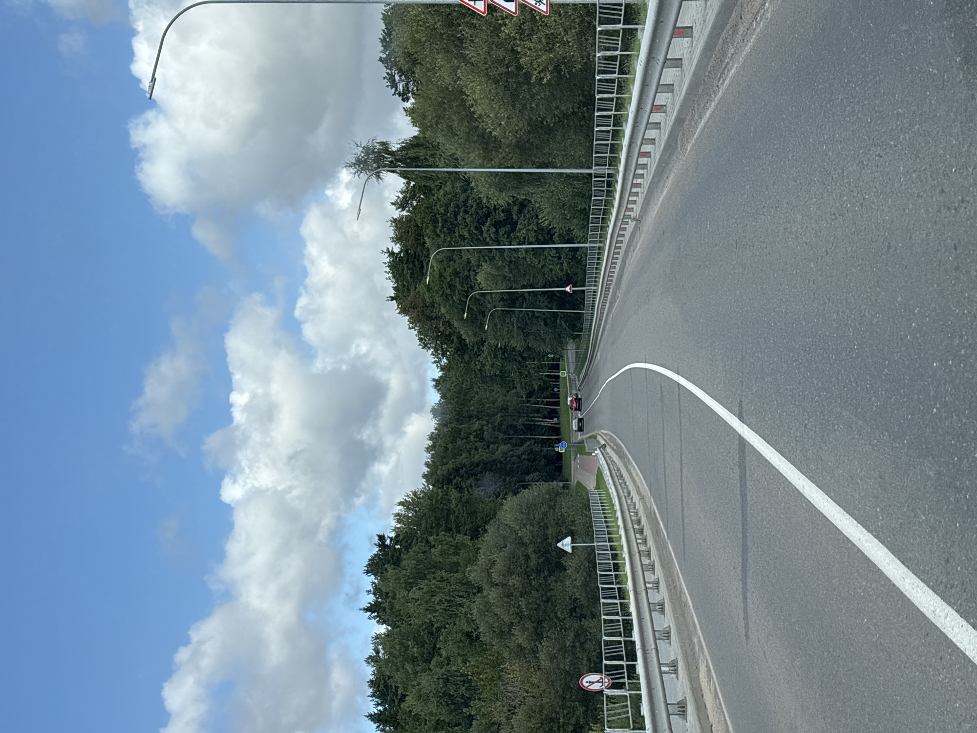 The image depicts a two-lane asphalt road curving to the right, bordered by a metal guardrail on both sides. Lush green trees form a dense forest lining the left side of the road, with a few taller trees interspersed among them. The sky above is a bright blue with scattered white cumulus clouds. Several streetlights are visible along the right side of the road, and two cars are driving away from the viewer. A pedestrian crossing sign is visible on the left side of the road near a white circular sign with a red border and a pedestrian symbol. The scene appears to be located in the rural area of Ждановіцкі сельскі Савет, Belarus, characterized by its natural landscape and road infrastructure.