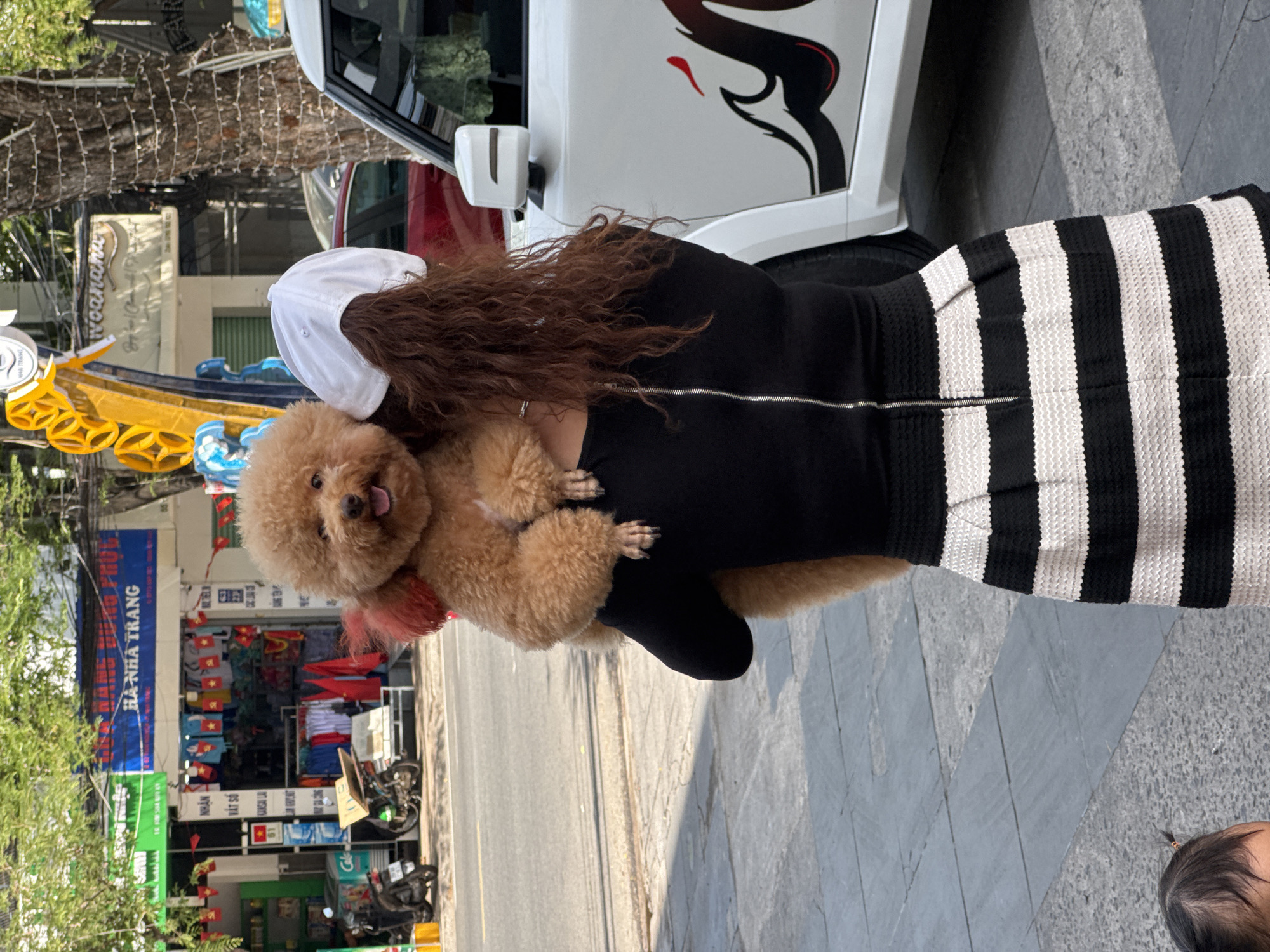 A woman in a black top with a silver zipper and a black and white striped skirt is holding a light brown poodle. The poodle has red fluff on its ears. The woman is wearing a white baseball cap. They are standing on a sidewalk in front of a store with a blue sign that reads "HA NHA TRANG". There are shops with merchandise and flags visible behind them. To the right, a white car with a black and red graphic design on its side is parked. In the background, there are trees and other buildings. A small child is partially visible in the lower left corner of the image. The scene appears to be a street in the city of Nha Trang, Vietnam.