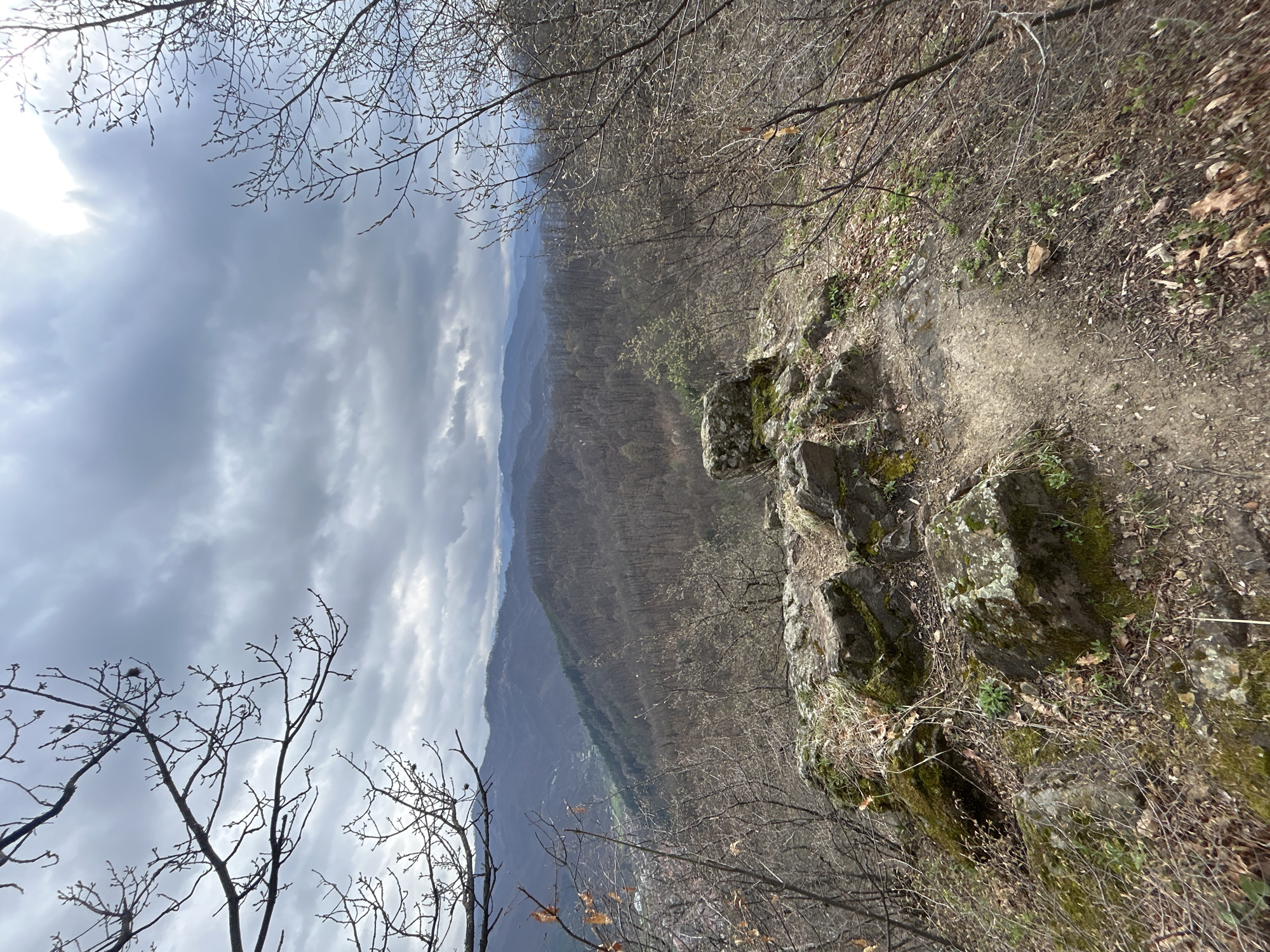 The image depicts a view from a high, rocky outcrop, likely a cliff edge, in what appears to be a mountainous, wooded region. The sky is overcast with patchy clouds. The foreground shows rocks covered in moss and bare trees/branches. The background reveals a landscape of hills/mountains covered in deciduous trees, seemingly in early spring before leaves fully emerge. In the distance, the land flattens out and there are hints of habitation or possibly a river valley. This scene is located near the city of Troyan, Bulgaria. No people are visible.