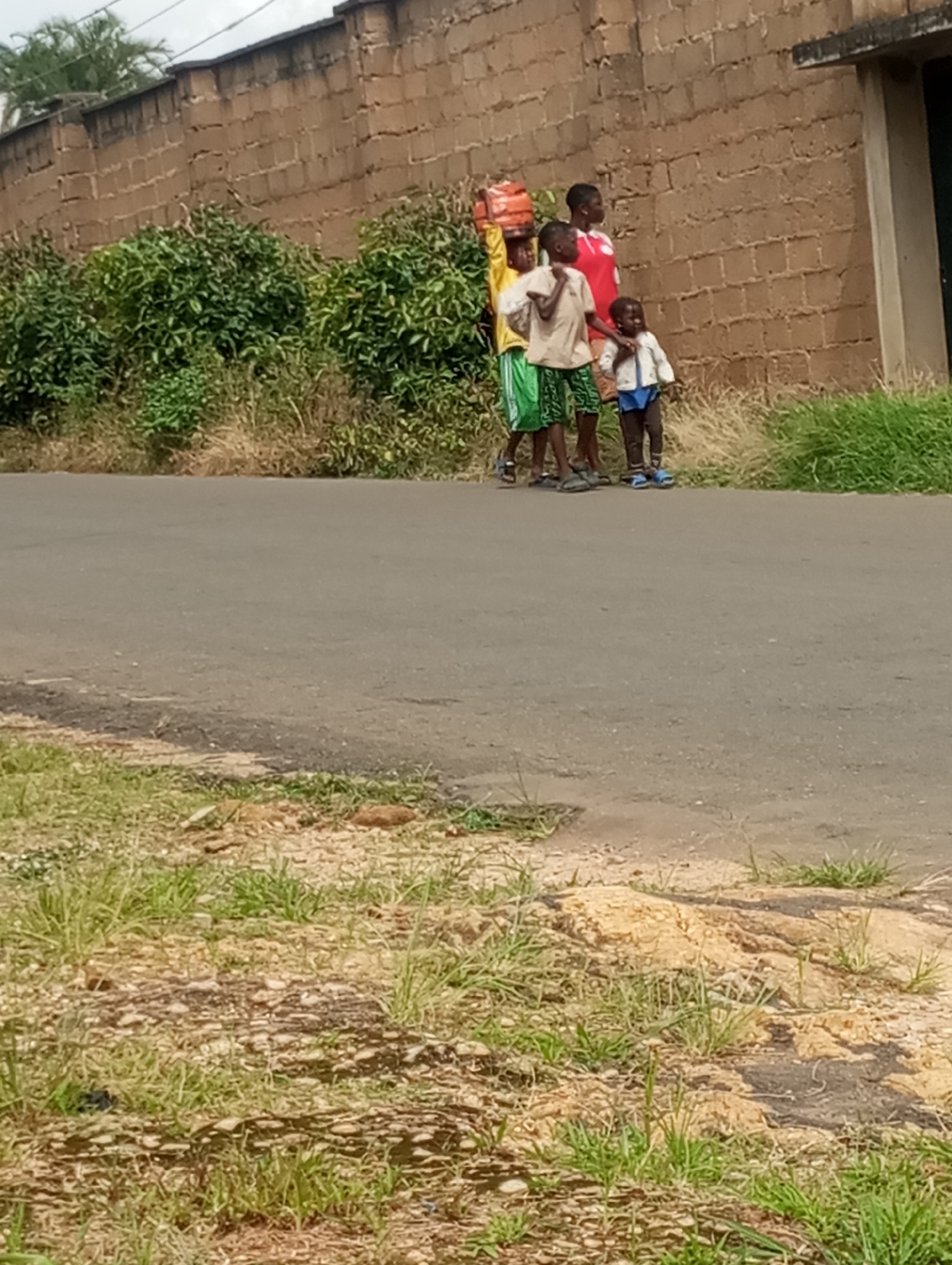 A group of four children are standing on a paved road in front of a brown brick wall. The child on the far left is wearing a yellow shirt and green shorts, and is carrying a large orange plastic container on his head. The child next to him is wearing a light-colored t-shirt and patterned shorts. The third child, a girl, is wearing a red shirt. The youngest child, on the far right, is wearing a white jacket and blue shorts. They are all looking towards the right of the frame. The environment includes lush green vegetation and the road appears to be in a residential or semi-rural area. The sky is overcast. This scene is consistent with observations from the city of Jos, Nigeria, where children often carry water for domestic use.
