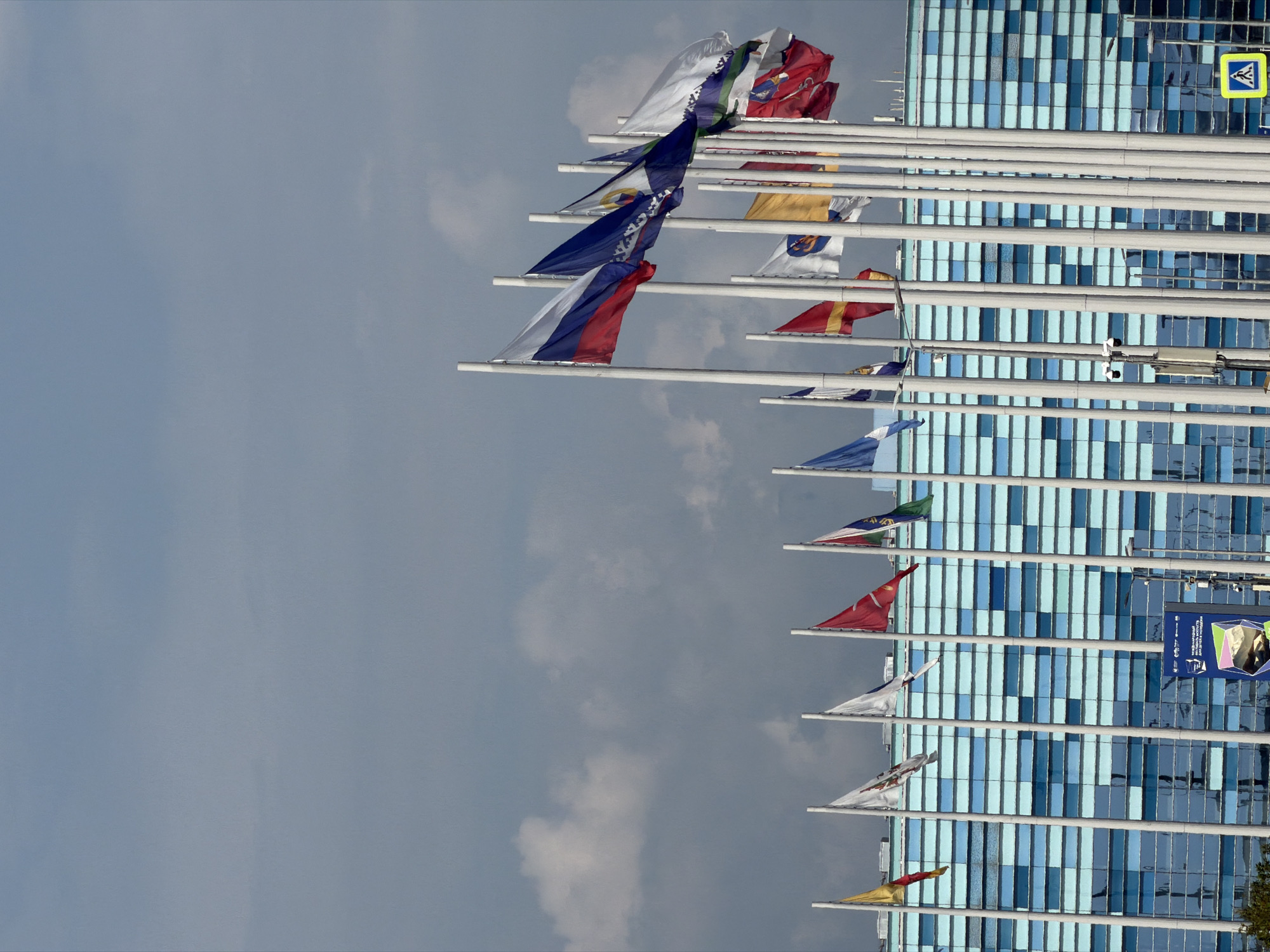 The image depicts a row of flags from various nations flying in front of a modern building with a distinctive blue, patterned facade. The building's design suggests a large, public structure, possibly a sports arena or convention center, consistent with Sochi's Olympic legacy. The flags are on tall poles, some of which are partially obscured by the building. The sky is partly cloudy, indicating an outdoor setting. In the foreground, to the right, a pedestrian crossing sign is visible, suggesting a public area with pedestrian traffic. The overall scene conveys a sense of international presence and modern infrastructure, characteristic of a city that has hosted major global events.