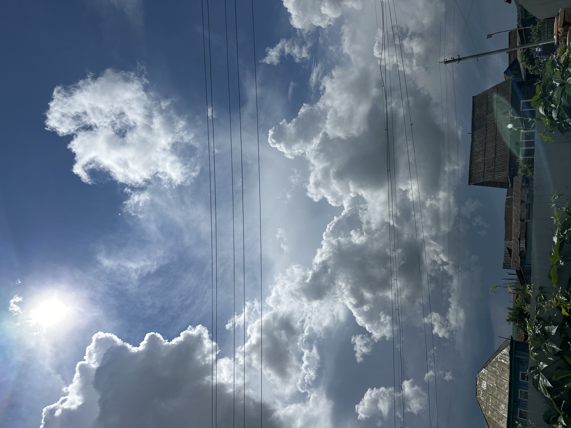 A low-angle, vertical shot captures a dramatic sky filled with billowy cumulus clouds under a bright sun. Power lines crisscross the frame horizontally, obscuring parts of the sky and the landscape below. In the foreground, lush green foliage is visible in shadow, with a light-colored fence separating it from the rest of the scene. Beyond the fence, several rustic houses with corrugated roofs are situated. One house on the left is painted a faded blue and has multiple windows. Another house on the right, made of dark wood, features a steeply pitched roof. A utility pole with a streetlight stands near the right edge of the image. The overall impression is a rural or suburban setting on a sunny, cloudy day.