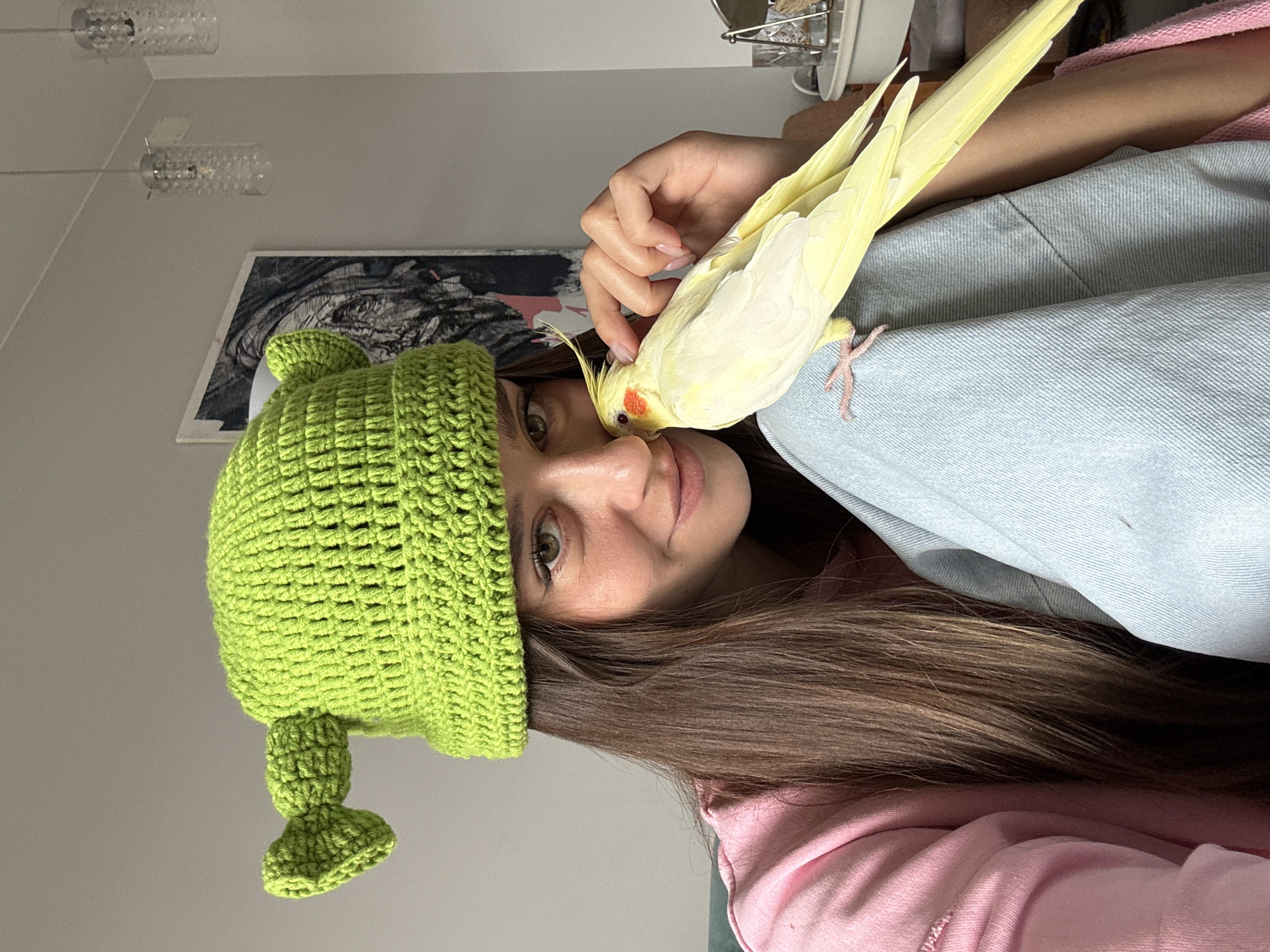 An indoor, portrait-oriented image displays a young woman interacting affectionately with a light yellow cockatiel. The woman, who has long, dark brown hair, is wearing a distinctive bright green crocheted hat with ear-like protrusions, a pink hooded top, and light blue jeans. She looks towards the camera with a soft, gentle smile. The cockatiel, characterized by its orange cheek patch, is perched on her shoulder and upper chest, with its beak gently touching her nose and mouth area. Its small claws are visible gripping her jeans.
The background consists of a plain, light-colored wall. Two modern cylindrical pendant lights hang from the ceiling, and a framed piece of art or poster with dark, detailed imagery is partially visible on the wall behind her head. The lighting appears soft and natural, suggesting it is daytime. The overall mood is one of calm and connection between the woman and her pet bird. This scene takes place in Krasnoyarsk, Russia. No visible text is present in the image.