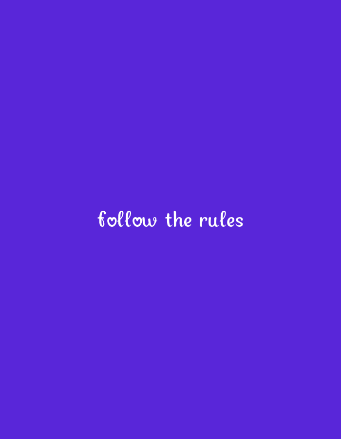 The image is a digital graphic with a solid purple background. In the center of the image, the words "follow the rules" are written in a white, cursive font. The word "follow" contains a small pink heart where the dot of the 'o' would typically be.