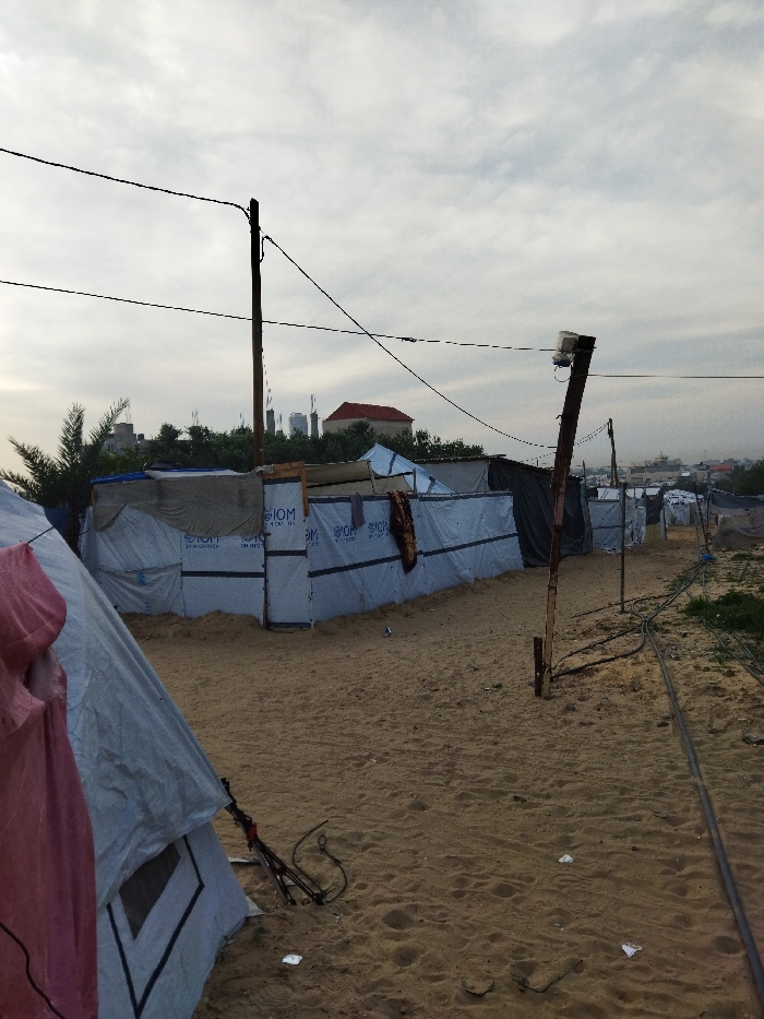 Tents stand in a sandy landscape, suggesting a refugee camp or temporary settlement. The tents are constructed from various materials, including white tarps with "IOM" logos, and some appear to be connected. Power lines stretch across the sky above. In the background, buildings, including skyscrapers and a red-roofed structure, are visible on the horizon. A few wooden poles stand in the sand. The sky is overcast, casting a soft light.