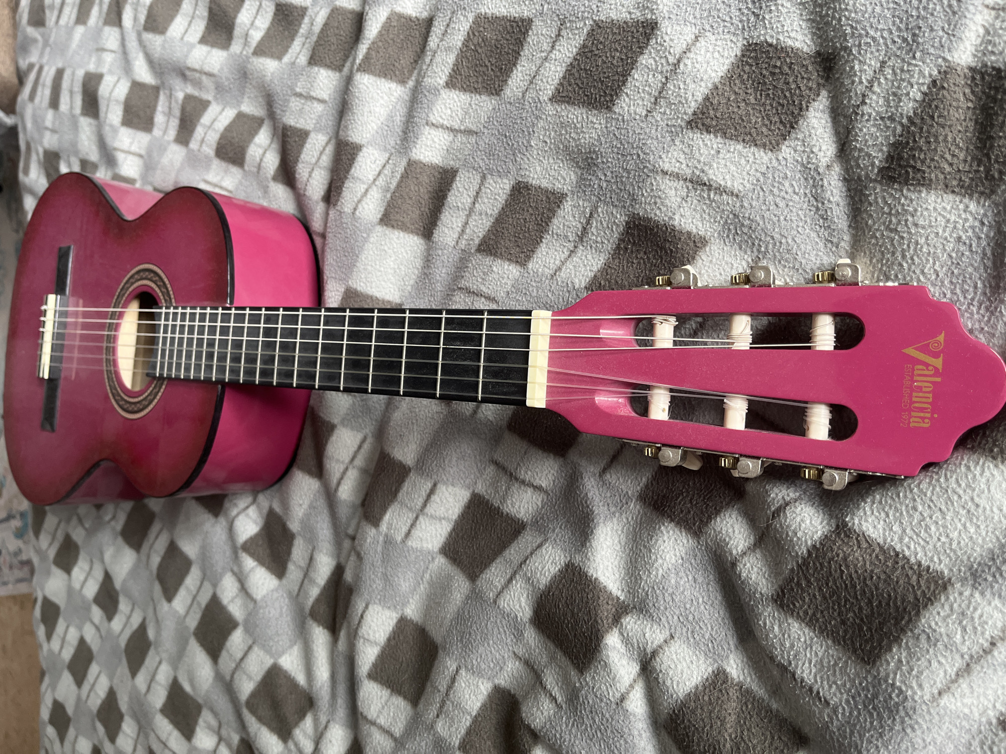 A bright pink acoustic guitar lies on a grey and white diamond-patterned blanket. The guitar is positioned diagonally in the frame, with the headstock closest to the viewer. The headstock features tuning pegs and the brand name "Valencia" with "ESTABLISHED 1972" below it. The guitar's fretboard, with its frets and strings, extends down the neck. The body of the guitar, with its soundhole and rosette, is visible further up the image. The blanket appears to be soft and textured. There is no indication of the location being Moscow, Russia.