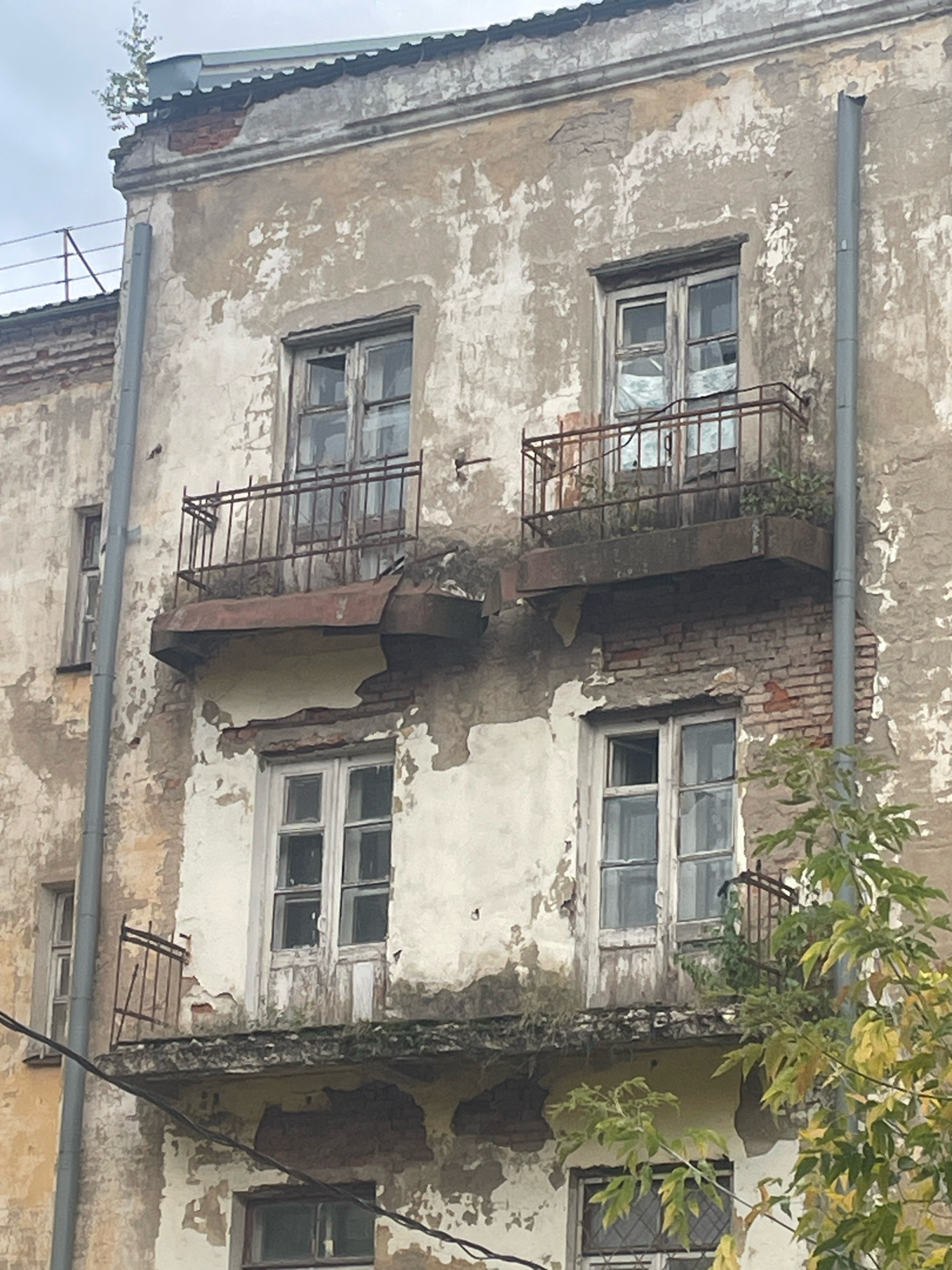 The image shows a dilapidated apartment building in Sof'ino, Russia, with peeling paint, exposed brick, and rusty balconies. The building appears to be multi-story, with multiple windows visible, many of which are broken or boarded up. There are two balconies on the upper floors, both showing signs of disrepair with rusted railings and damaged supports. Greenery, including trees with yellowing leaves, is growing around the base and on the balconies of the building, suggesting neglect and the passage of time. The sky is overcast, casting a muted light on the scene. No people are visible in the image.