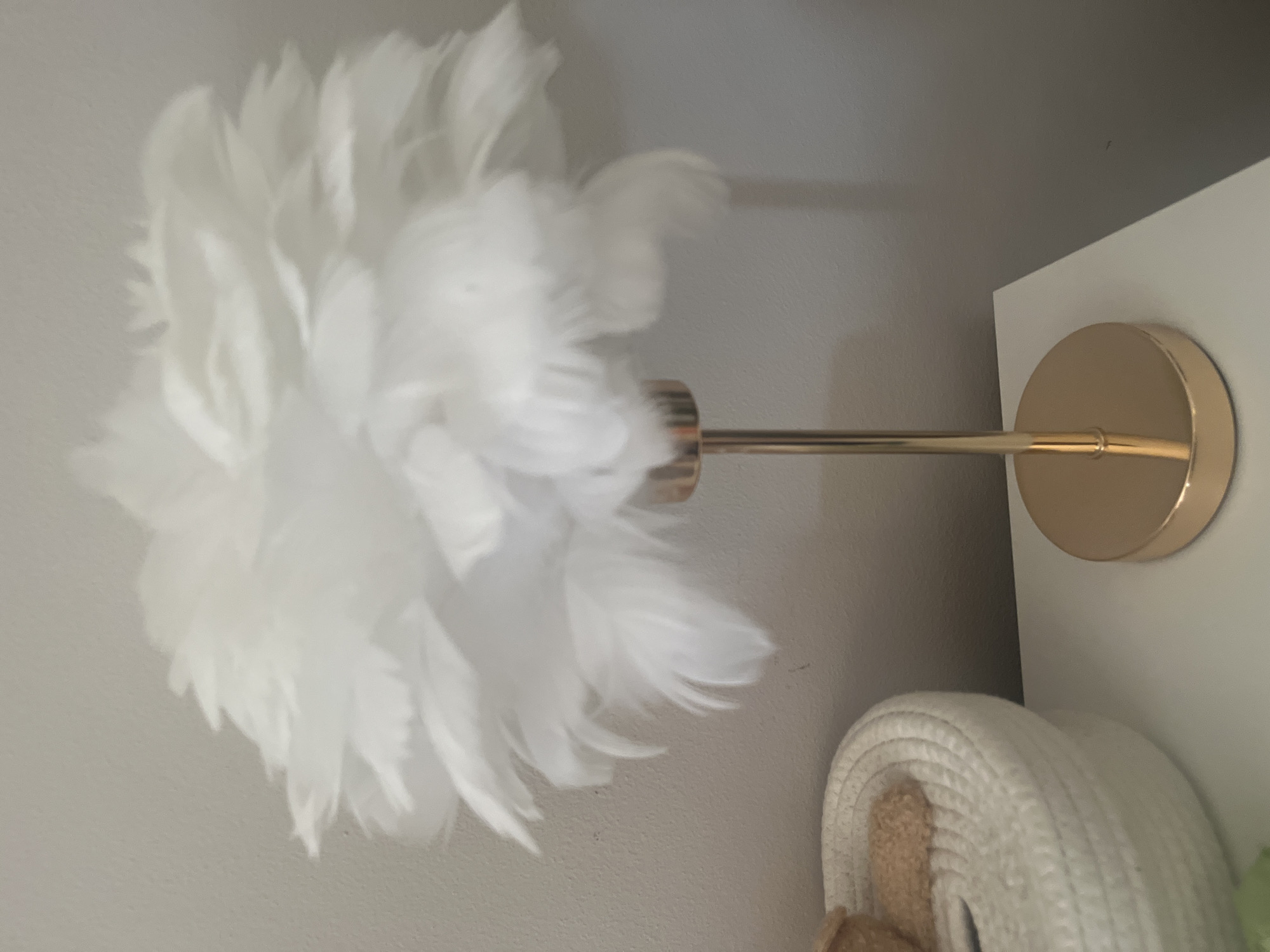 The image depicts an indoor scene in the city of Onokivtsi, Ukraine. A prominent table lamp stands on a white surface, likely a table or shelf. The lamp features a voluminous lampshade composed of numerous white feathers, forming a soft, cloud-like shape. The lamp's slender stem and circular base are made of a reflective gold-colored metal. Behind the lamp, a plain light grey wall exhibits subtle textural variations. To the lower-left of the frame, a segment of a light-colored, tightly woven basket is visible, containing a partially discernable light brown, textured object. The scene is illuminated by uniform ambient lighting.