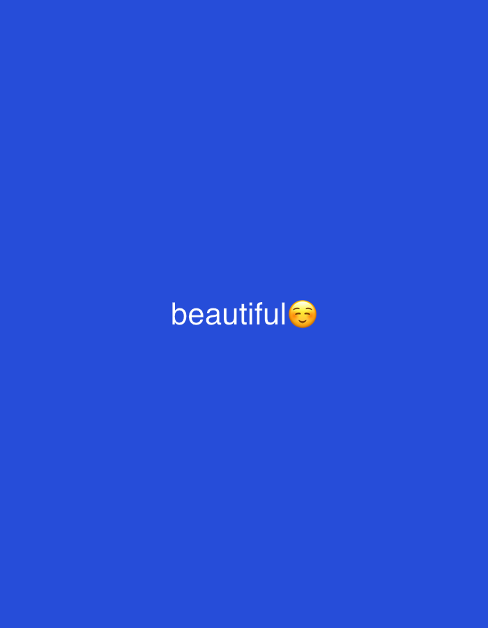 The image displays a plain, solid royal blue background. Centered on this vibrant blue field is white text that reads "beautiful," rendered in a clean, sans-serif typeface. Immediately to the right of the word "beautiful" is a yellow emoji depicting a smiling face with closed, happy eyes and subtly rosy cheeks, often referred to as a "smiling face with smiling eyes" or "blushing smile." There are no other subjects, objects, or activities depicted. The scene is devoid of specific location cues, weather, or time of day, presenting only a textual and emotive message against a uniform background. The overall impression is one of positive sentiment and simplicity.
