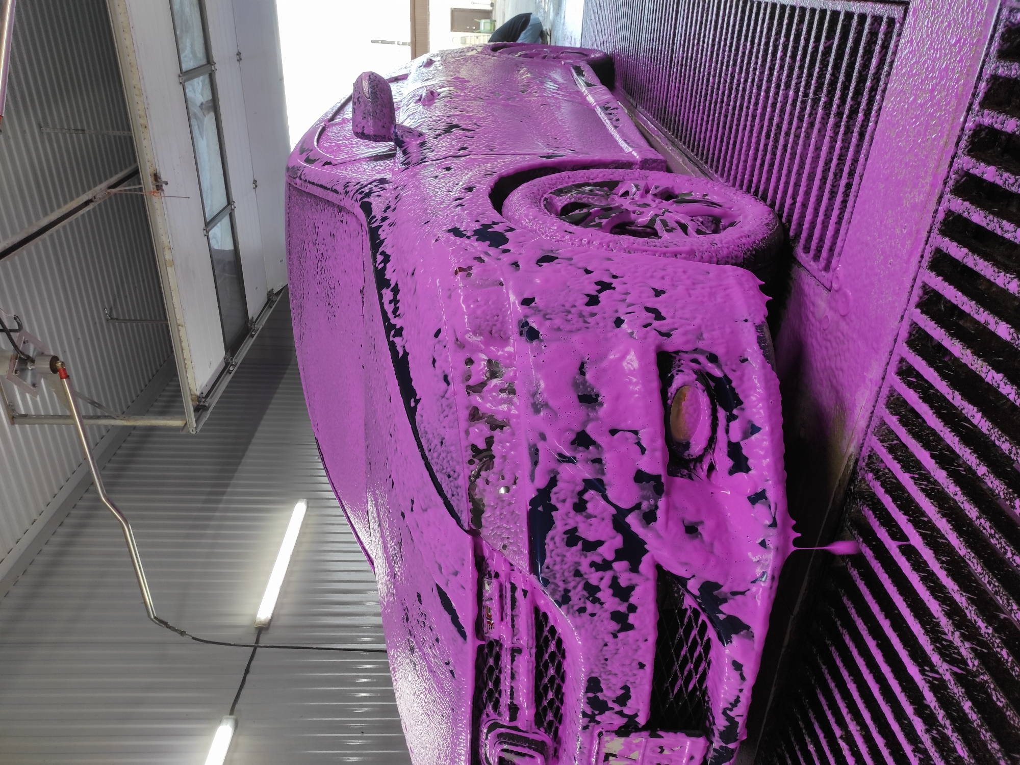 An indoor car wash bay in Chaikovsky, Russia, is depicted, with a dark-colored car heavily coated in vibrant pink foam. The image is oriented vertically, showing the car from a raised perspective, looking along its side. The car's wheels, headlights, grille, and side mirror are visible, largely covered by the thick, frothy pink soap.
The setting features industrial elements: corrugated metal panels line the walls and ceiling, painted in light grey or white, suggesting a functional, commercial environment. Bright fluorescent tube lights illuminate the scene from above. To the left, metal pipes and hoses, part of the car wash machinery, are visible. On the right and beneath the car, dark metal grates serve as a drainage system, also partially covered in the pink foam, indicating the active use of the wash.
The primary activity is the car undergoing a wash cycle, specifically the application of colorful cleaning foam. The car appears to be a sedan or SUV, but its specific model is obscured by the foam. No individuals are clearly visible in the frame. The time of day is not discernible due to the artificial lighting indoors. No legible text is visible on the car or surrounding equipment.