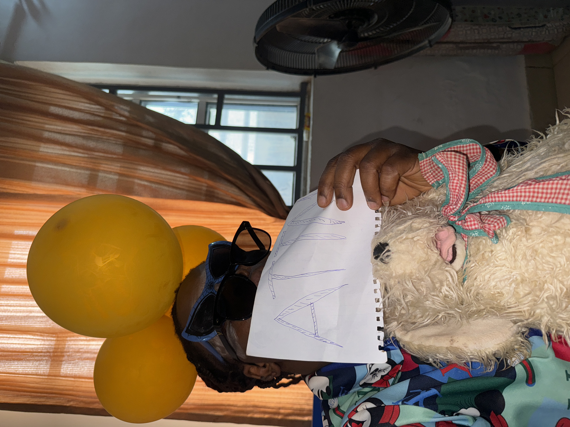 The image shows an indoor scene, likely in a residence. A person with dark skin is holding a white sheet of paper with the letters "NNN" sketched on it in blue ink. The person is wearing two pairs of sunglasses, one black and one blue. Three yellow balloons are positioned near the person. A fluffy, stuffed animal with a red-and-white checkered bow is present. The person is wearing a shirt with a cartoon print. In the background, there's a window with curtains, a ceiling fan, and part of a wall. The exact location in Sabon Tasha, Nigeria, cannot be determined from the image.