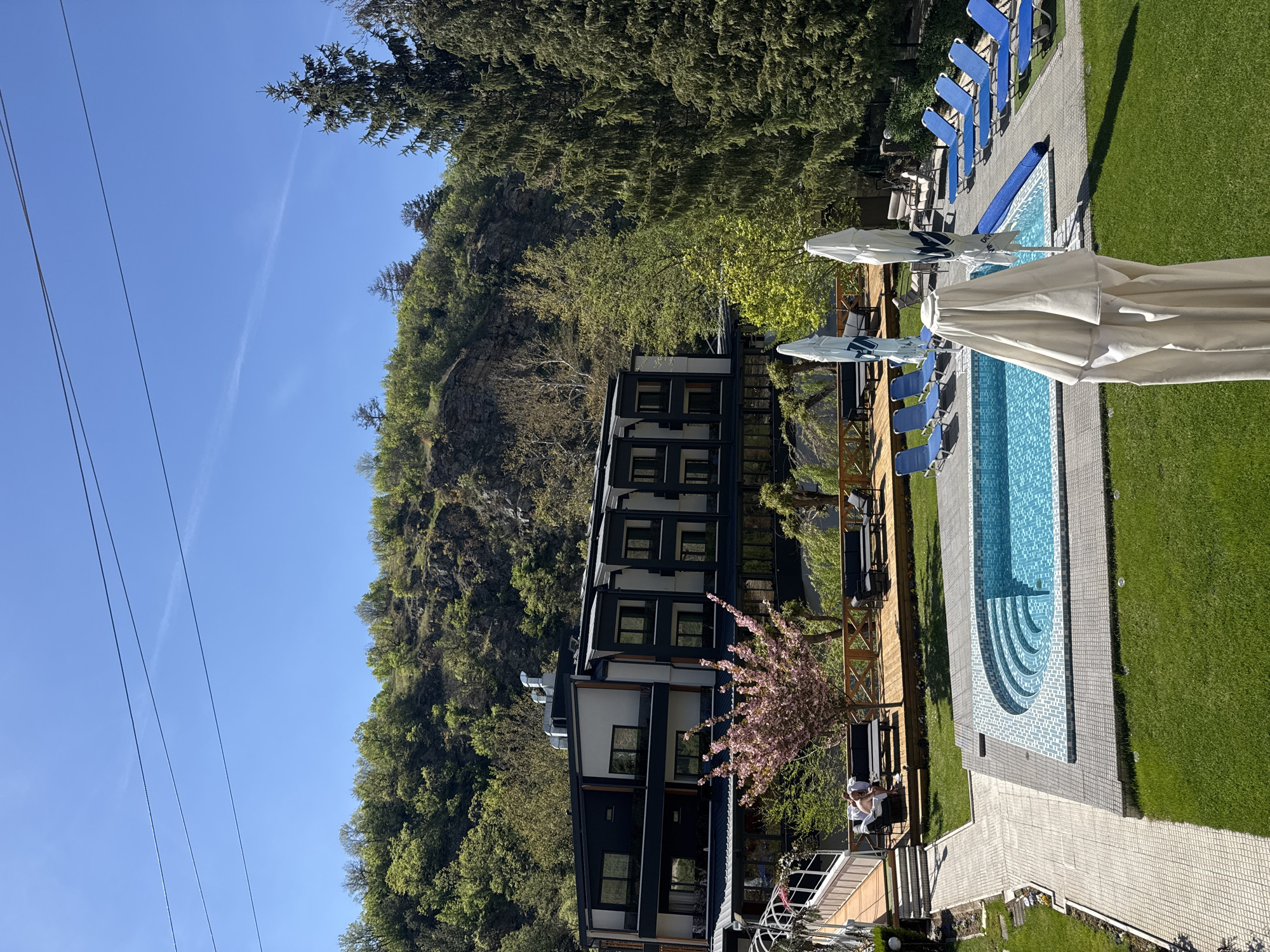 The image presents an outdoor scene, possibly in a resort or hotel setting. A multi-story building with dark-framed windows is nestled against a densely forested hillside. To the right of the building, there is a swimming pool with blue tiles and steps leading into the water. Around the pool are lounge chairs, some arranged under white umbrellas. A grassy area extends along the side of the pool. The sky is clear blue. Power lines are visible in the upper left corner. A blossoming tree is in front of the hotel. A person is sitting beside the tree on the deck of the building. The location is Marchevo, Bulgaria.