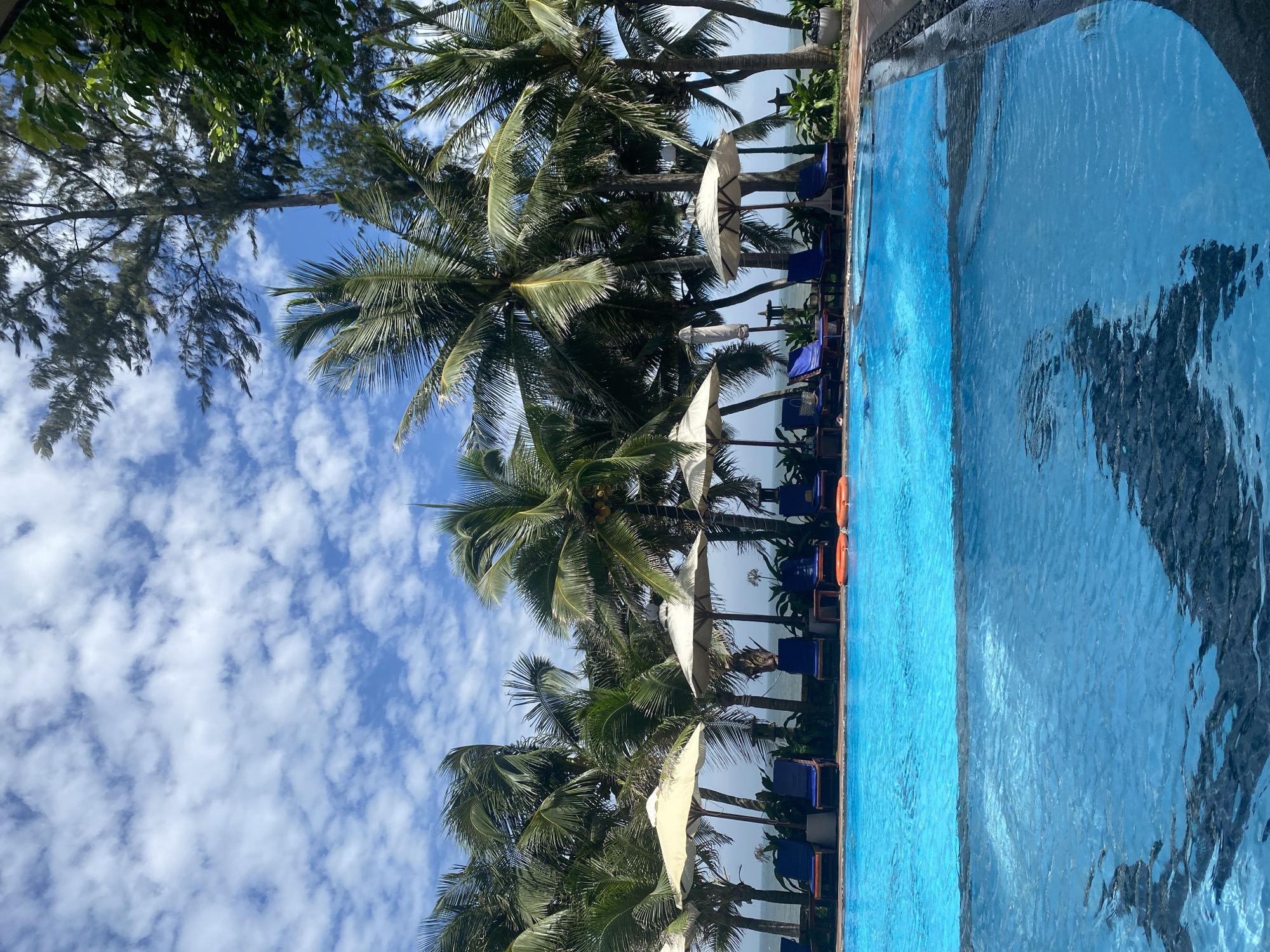 This image depicts a swimming pool area in Mũi Né, Vietnam, likely at a resort or hotel. The foreground is dominated by the clear blue water of the swimming pool, with ripples and reflections visible on its surface. Along the edge of the pool, there are several lounge chairs and umbrellas, set against a backdrop of lush palm trees. The palm trees are tall and slender, with their fronds swaying slightly, suggesting a breezy environment. Beyond the palm trees, a glimpse of the ocean and the horizon can be seen under a bright, partly cloudy sky. The scene conveys a sense of tropical leisure and relaxation.