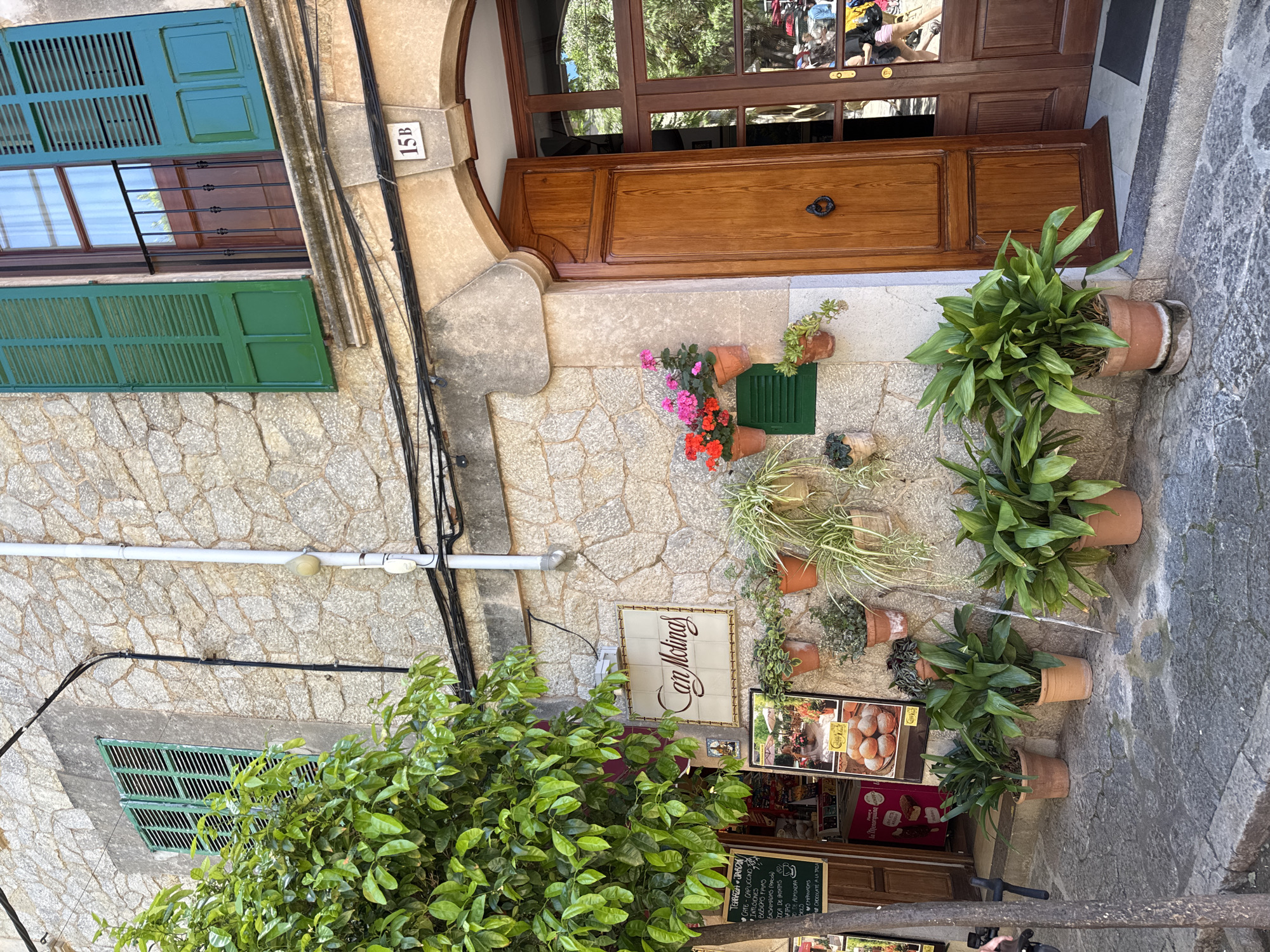 The image depicts the entrance to "Can Molinas" in Valldemossa, Spain. The building has a stone facade, a wooden door, and green shuttered windows. A variety of potted plants adorn the wall, including flowering plants and greenery. A sign for the establishment is visible, as well as a menu board listing offerings such as coffee, tea, and local pastries. There is a tree obscuring some of the lower portion of the frame. The building is marked with the number "15B." Reflections of people and the surrounding environment are visible in the glass panels of the door.