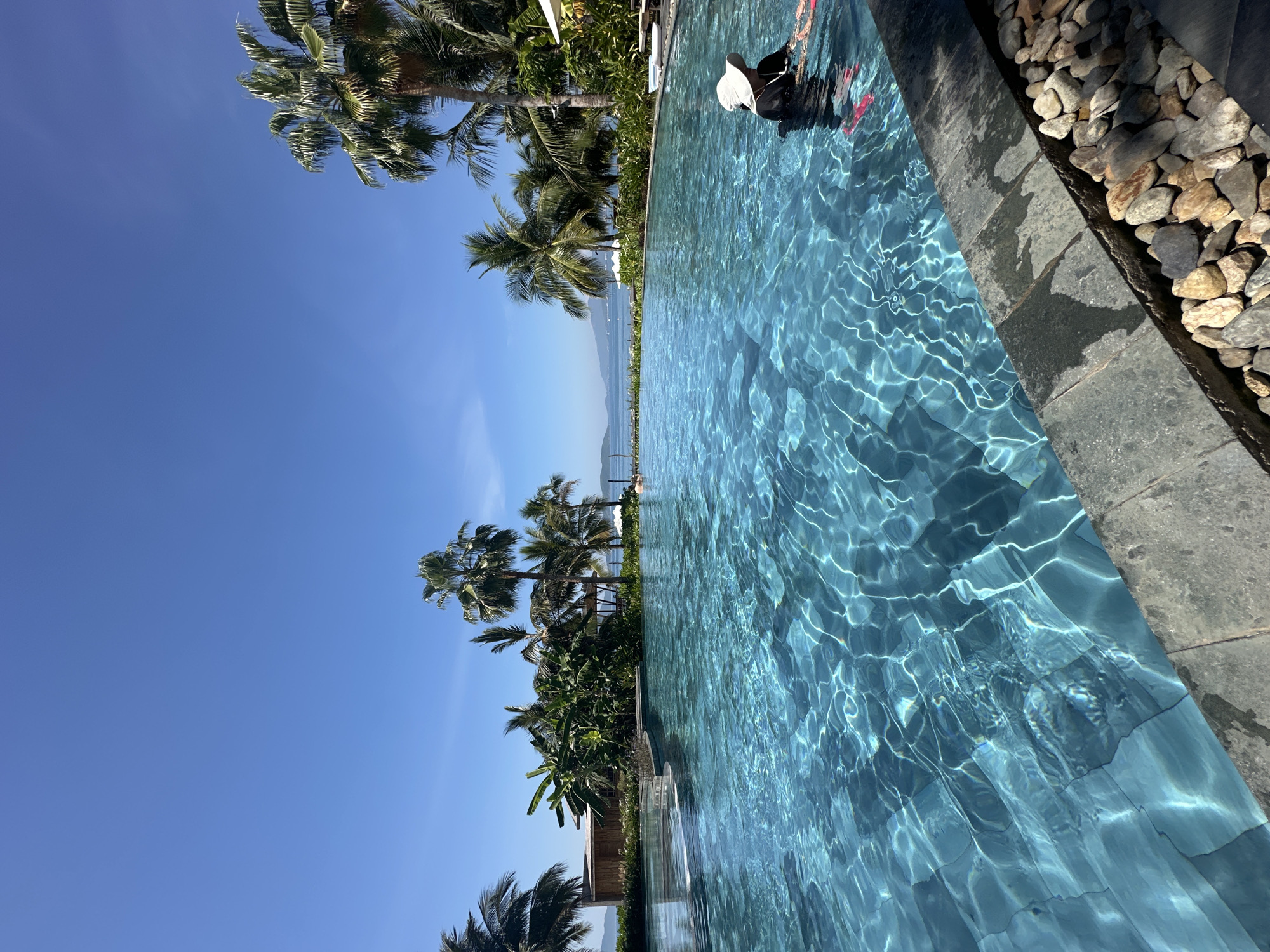 This is a vertical, eye-level shot of a person swimming in a pool with clear blue water. The pool is lined with stones and gray tiles. Beyond the pool, there is a lush green landscape with numerous palm trees, indicating a tropical setting. In the background, a body of water, likely the ocean, is visible with a faint shoreline and some buildings. The sky is a vibrant, cloudless blue, suggesting a sunny day. The image conveys a sense of relaxation and vacation. The time of day appears to be daytime, with bright sunlight casting reflections on the water's surface. There is no visible text in the image. The scene is set in Nha Trang, Vietnam, known for its beaches and resorts.