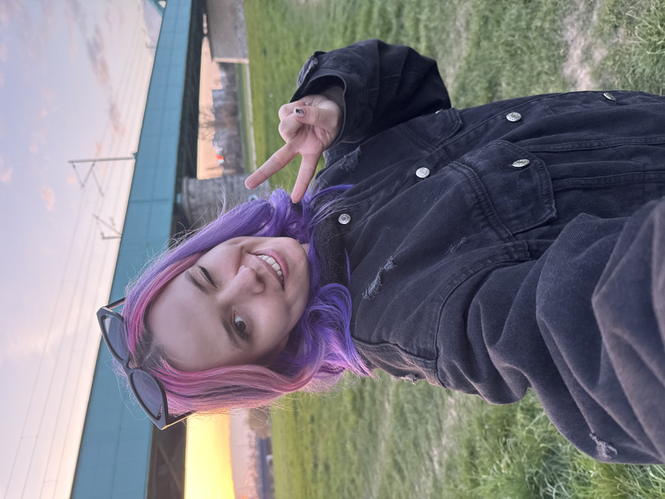 A young adult female is depicted in a selfie, winking with her right eye and smiling while displaying a peace sign with her left hand. She has split-dyed hair, transitioning from pink on top to purple, and wears sunglasses atop her head. Her attire includes a distressed dark denim jacket with silver buttons. The background features a grassy embankment, leading to the Most Mladosti (Bridge of Youth), a prominent turquoise-green railway bridge spanning the Sava River in the City of Zagreb, Croatia. Railway tracks and overhead lines are visible on the bridge. The sky above and to the left exhibits a sunset or dusk coloration with orange and pink hues, indicative of late afternoon or early evening. Distant city structures are visible beyond the bridge.