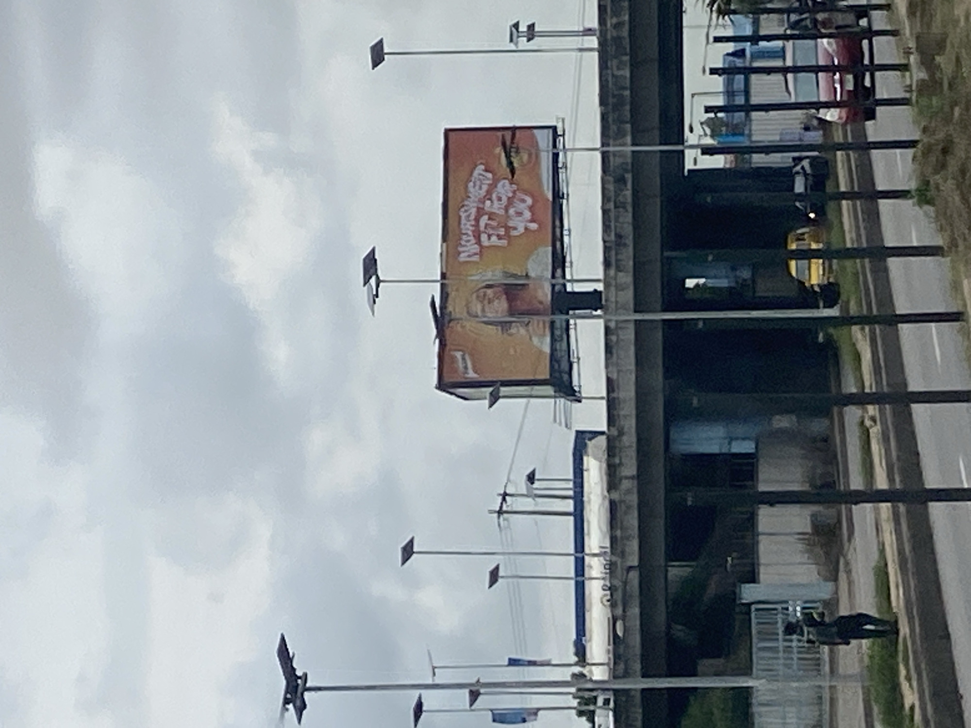 In Ikeja, Nigeria, under a cloudy sky, a large billboard advertising "Nourishment Fit for You" is visible, featuring a woman's smiling face. The billboard is mounted above a highway overpass, which spans across the frame. On the overpass, a white tanker truck is parked, its side displaying a logo. Multiple streetlights with solar panels are positioned along the overpass and road. In the foreground, a person wearing dark clothing stands on the side of the road, facing away from the camera, holding what appears to be a light-colored object. A red car and other vehicles are visible on the road behind the person. The environment includes a paved road, green grass, and concrete structures.