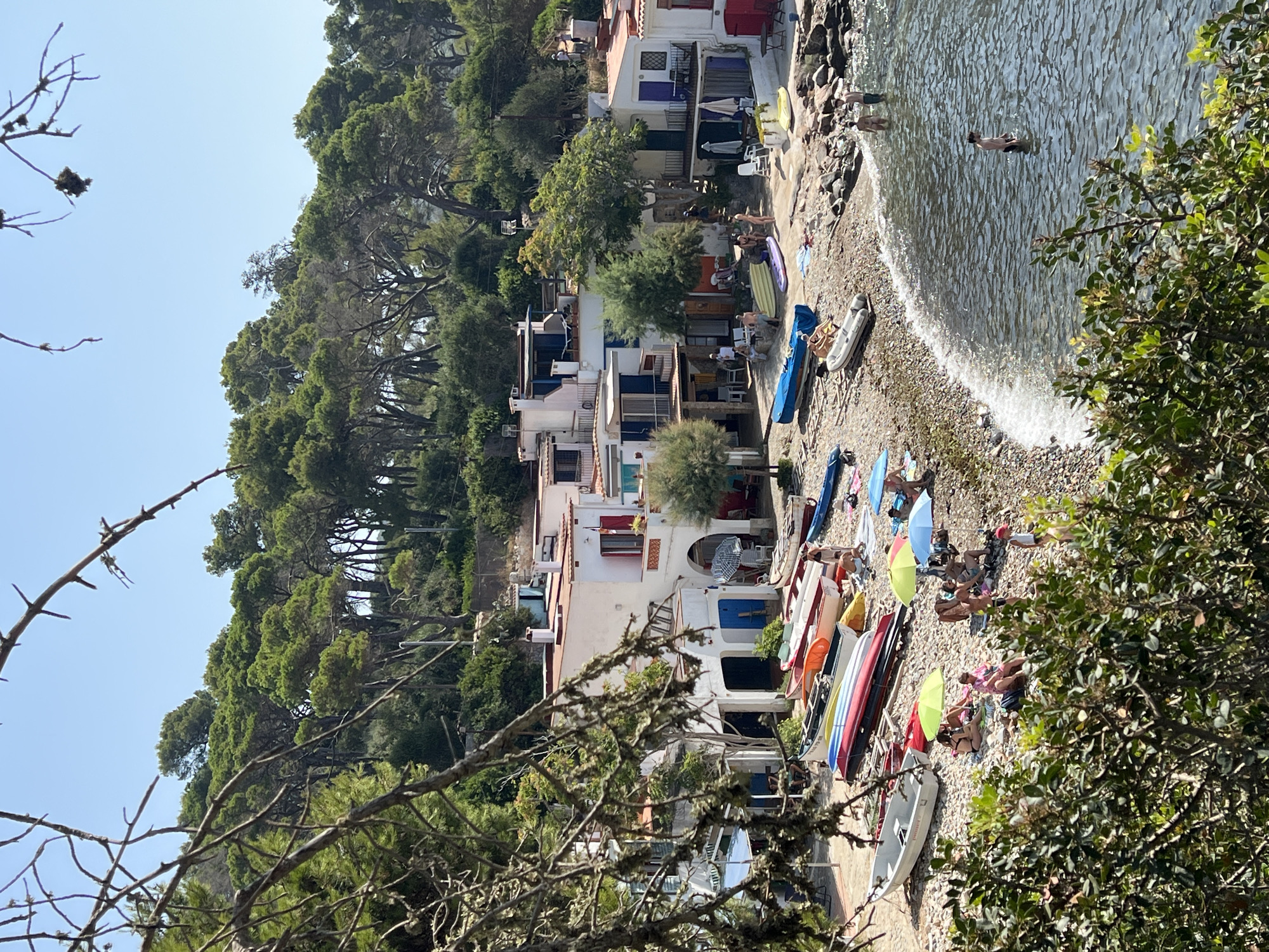 The image depicts a sunny day at a small cove in Palamós, Spain. In the foreground, the rocky beach is lined with an assortment of colorful rowboats and dinghies pulled ashore. Several people are scattered across the beach, some sunbathing under umbrellas, others interacting near the boats. The water's edge is visible, with gentle waves lapping against the shore. In the middle ground, a cluster of white buildings with red-tiled roofs forms a small village or harbor. These buildings appear to be houses or small businesses, with doorways and windows visible. Some structures have balconies or outdoor seating areas. Beyond the buildings, a dense forest of pine trees covers a hillside, leading up to a clear blue sky. A few people are visible in the water, either swimming or standing near the shore. The overall scene is one of a peaceful, coastal summer day.