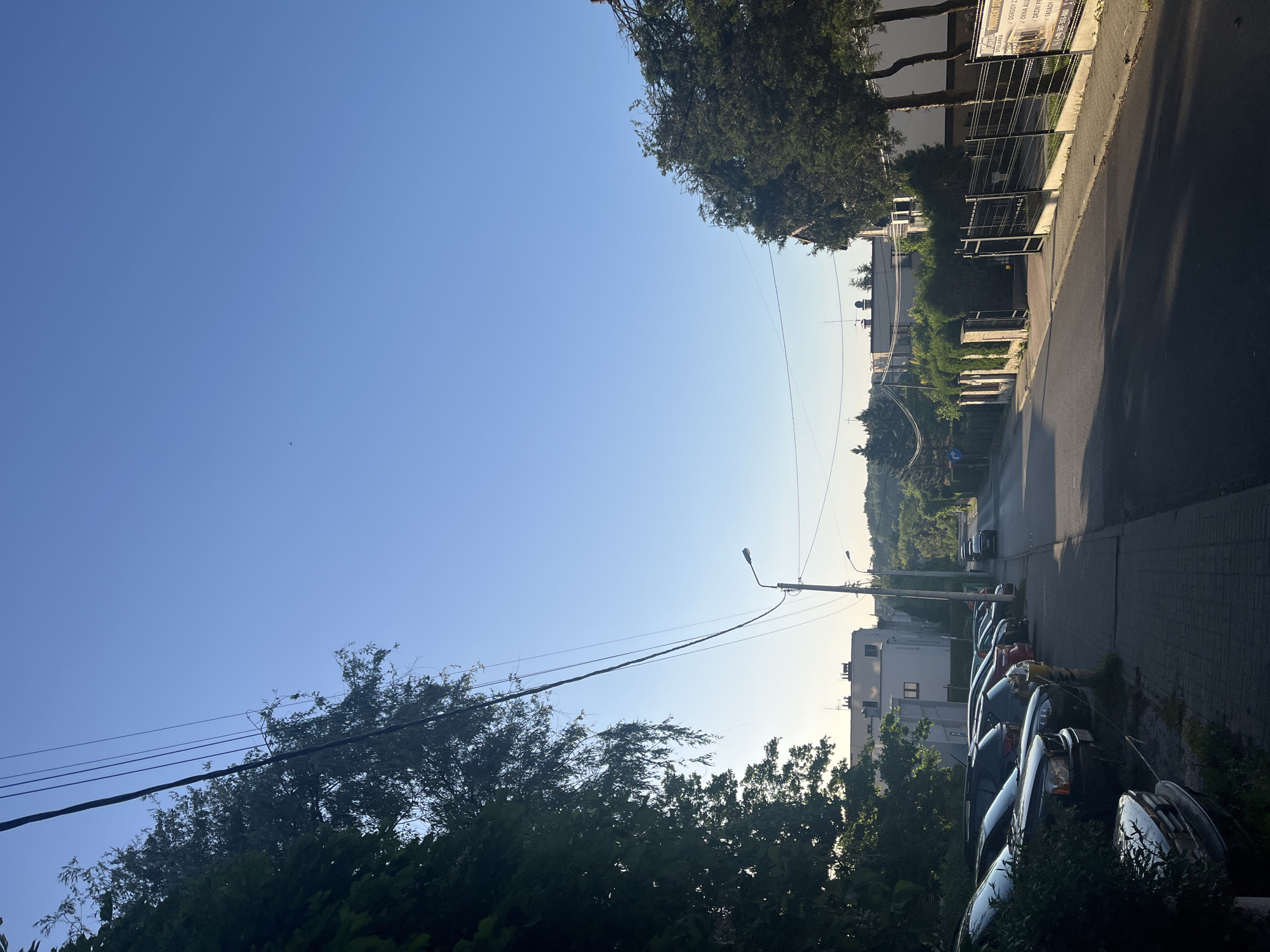 The image depicts a street scene in Unknown, Unknown, viewed from an elevated position. The sky is clear and blue, transitioning to a brighter, less saturated hue near the horizon. A line of trees borders the left side of the image, partially obscuring parked cars. The street is paved with grey bricks, extending into the distance where more buildings and trees are visible. A street lamp stands along the roadside. Power lines run across the sky from left to right. Parked vehicles are visible on the right side of the street.