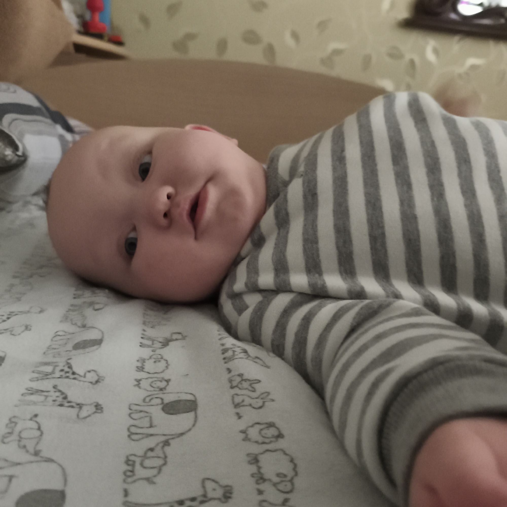 An infant is depicted lying on their back, head turned towards the camera, in an indoor setting. The baby has fair skin, blue eyes, and a neutral, slightly curious expression, looking directly at the viewer with an open mouth. They are dressed in a white and grey striped sleepsuit or onesie that covers their arms and body.
The baby is resting on a white sheet or blanket adorned with grey line drawings of various animals, including giraffes, cows, sheep, and rabbits, visible on the left side of the frame. The background is softly blurred, showing a light brown or beige surface, likely furniture or a bed frame, and a wall with a subtle, light-colored pattern. In the far, out-of-focus background, indistinct objects including a red item (possibly a toy) and a dark shape can be vaguely seen.
The scene takes place indoors, suggesting a bedroom or nursery. The lighting is soft, indicating an interior setting, possibly in Chaikovsky, Russia. The primary activity is the baby resting or observing its surroundings. No visible text is present in the image.