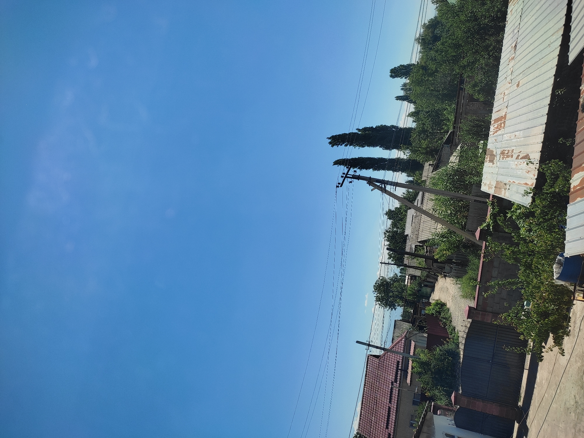 The image depicts a view of a residential area in the city of Төмөнкү Ала-Арча, Kyrgyzstan, on a clear day with a bright blue sky. In the foreground, a large, dark metal gate is visible, supported by brick pillars. To the left of the gate is a house with a red tiled roof. Beyond the gate, a dirt road winds through the neighborhood, flanked by houses with corrugated metal and tiled roofs, and dense green foliage. Several utility poles with electrical wires are present throughout the scene. In the mid-ground, two tall, slender trees stand out against the sky. The overall impression is one of a semi-rural or suburban setting. There are no people visible in the image.