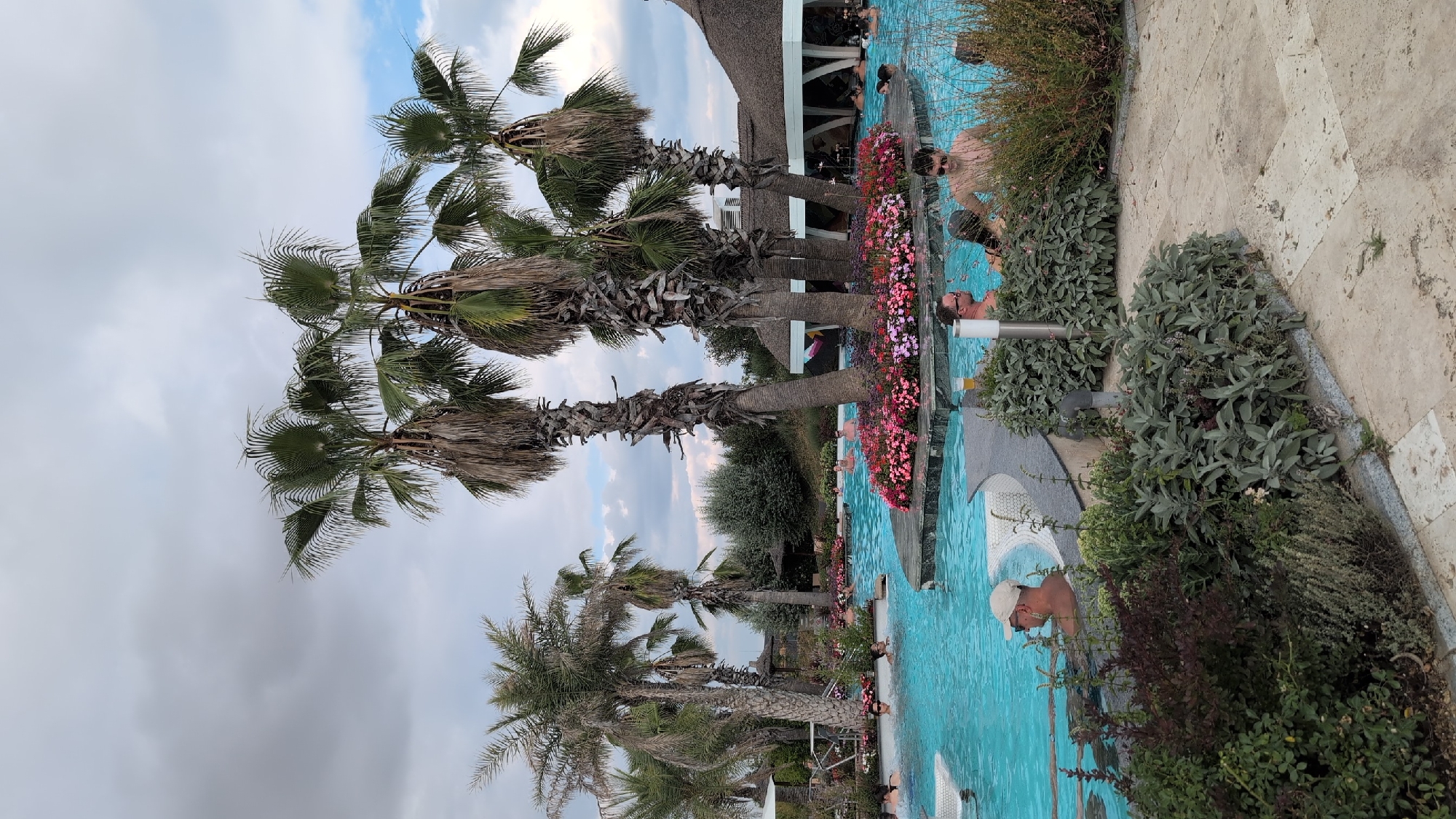 The image shows an outdoor swimming pool area at the Therme București in Săftica, Romania. The pool is filled with bright blue water and features several people relaxing in it. A central island in the pool is adorned with lush palm trees and vibrant pink and red flowers. Around the pool's edge, there are also palm trees, dense green shrubs, and paved walkways. In the background, a building with a thatched roof is visible. The sky is cloudy with patches of blue sky. The overall scene depicts a leisure environment designed for relaxation and enjoyment.