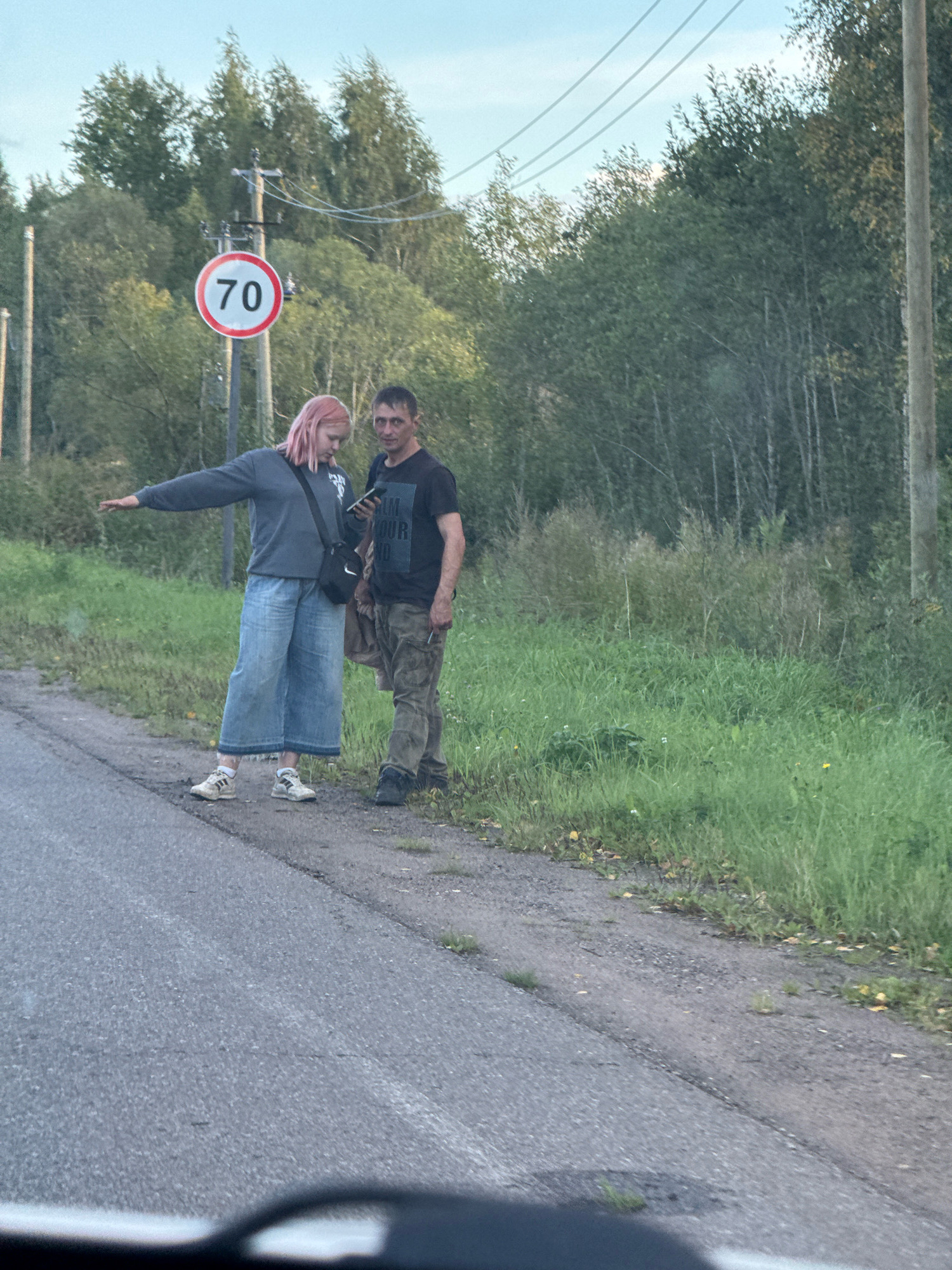 Two people are standing on the side of a paved road in Volkovitsy, Russia. A woman with pink hair and wide-leg jeans is gesturing to the left, while a man in a t-shirt and camouflage pants looks at his phone. A speed limit sign indicating "70" is visible behind them. The environment is rural, with tall green grass and trees lining the roadside. The sky is overcast.