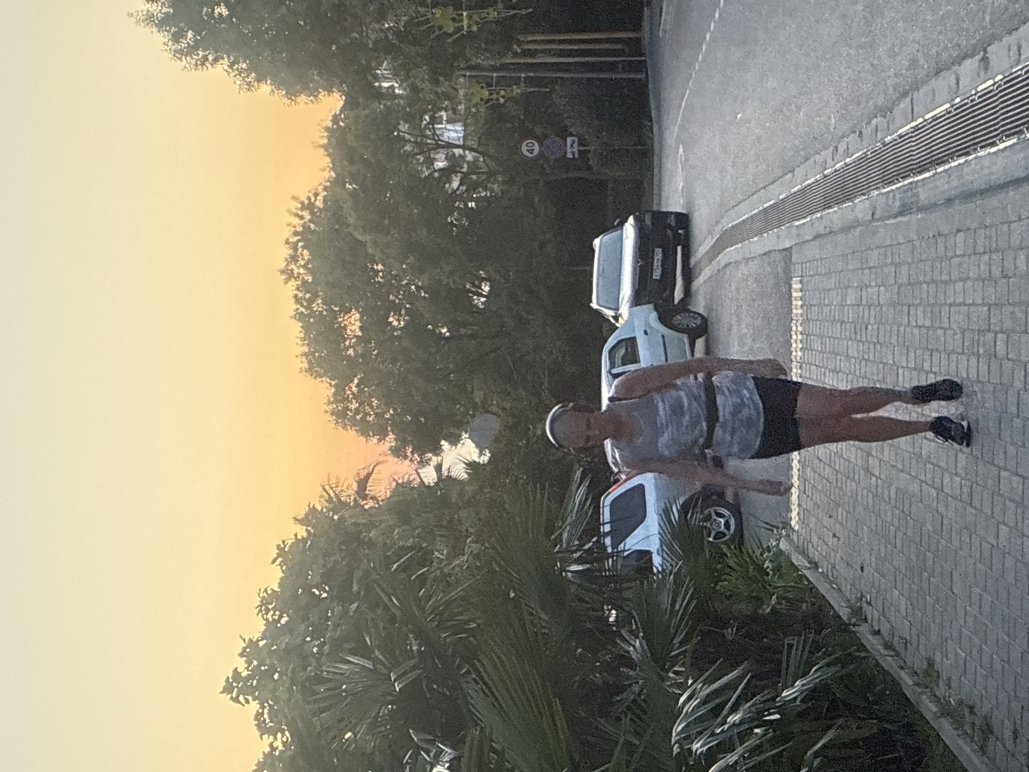 A person with a shaved head and headphones is jogging on a paved sidewalk next to a street. The person is wearing a grey camouflage tank top and black shorts. There are palm trees and other foliage on the left side of the sidewalk. A silver SUV and a dark SUV are parked on the side of the street, with the dark SUV facing the viewer. The sky is a gradient of yellow and orange, suggesting it is sunrise or sunset. A speed limit sign indicating "40" is visible in the background. This scene appears to be located in Sochi, Russia, likely near the coast given the palm trees.