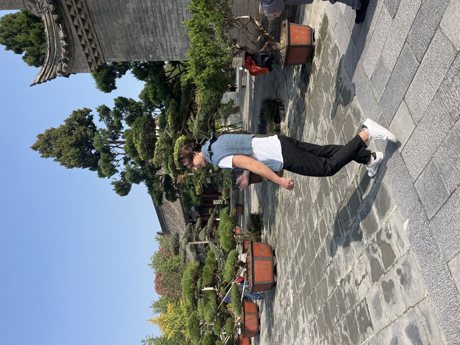 The image depicts an outdoor paved courtyard within a traditional Chinese architectural complex, likely a temple or historic garden, located in the Yanta District of Xi'an, China, possibly near the Giant Wild Goose Pagoda. The scene is illuminated by bright daylight under a clear blue sky.
The primary subject is a young adult male, appearing approximately 20-30 years old, with dark brown hair. He is wearing a white short-sleeved t-shirt, a light blue cable-knit sleeveless sweater vest, black trousers, and white sneakers with black heel accents. He is captured mid-stride, walking towards the left side of the frame, with his right foot slightly off the ground. His right arm is bent at the elbow, hand open with fingers splayed, in a gesturing posture. His shadow is cast on the paved ground in front and to his left.
In the immediate foreground on the far right, the lower leg and a dark shoe of another individual are partially visible. In the background, to the far left, a person in dark clothing is partially obscured by potted trees.
The environment features traditional Chinese architecture, including grey-bricked buildings with dark tiled, upturned roofs and exposed wooden beams visible in the mid-ground and background. A prominent brick structure with a decorative, curved roof peak is situated on the far right. The courtyard is paved with rectangular grey flagstones, exhibiting some darker, potentially damp, patches. A section of lighter, textured flagstones runs along the right foreground. The area is heavily landscaped with numerous evergreen trees, many sculpted in a bonsai-like fashion, planted in large, reddish-brown hexagonal and rectangular pots. A tall, slender evergreen tree stands prominently in the right-center background. Other deciduous trees with green, yellow, and reddish foliage are visible further in the background. A red or orange piece of fabric is draped near a potted tree on the right side of the mid-ground. Small, illegible informational signs are present near some potted plants.