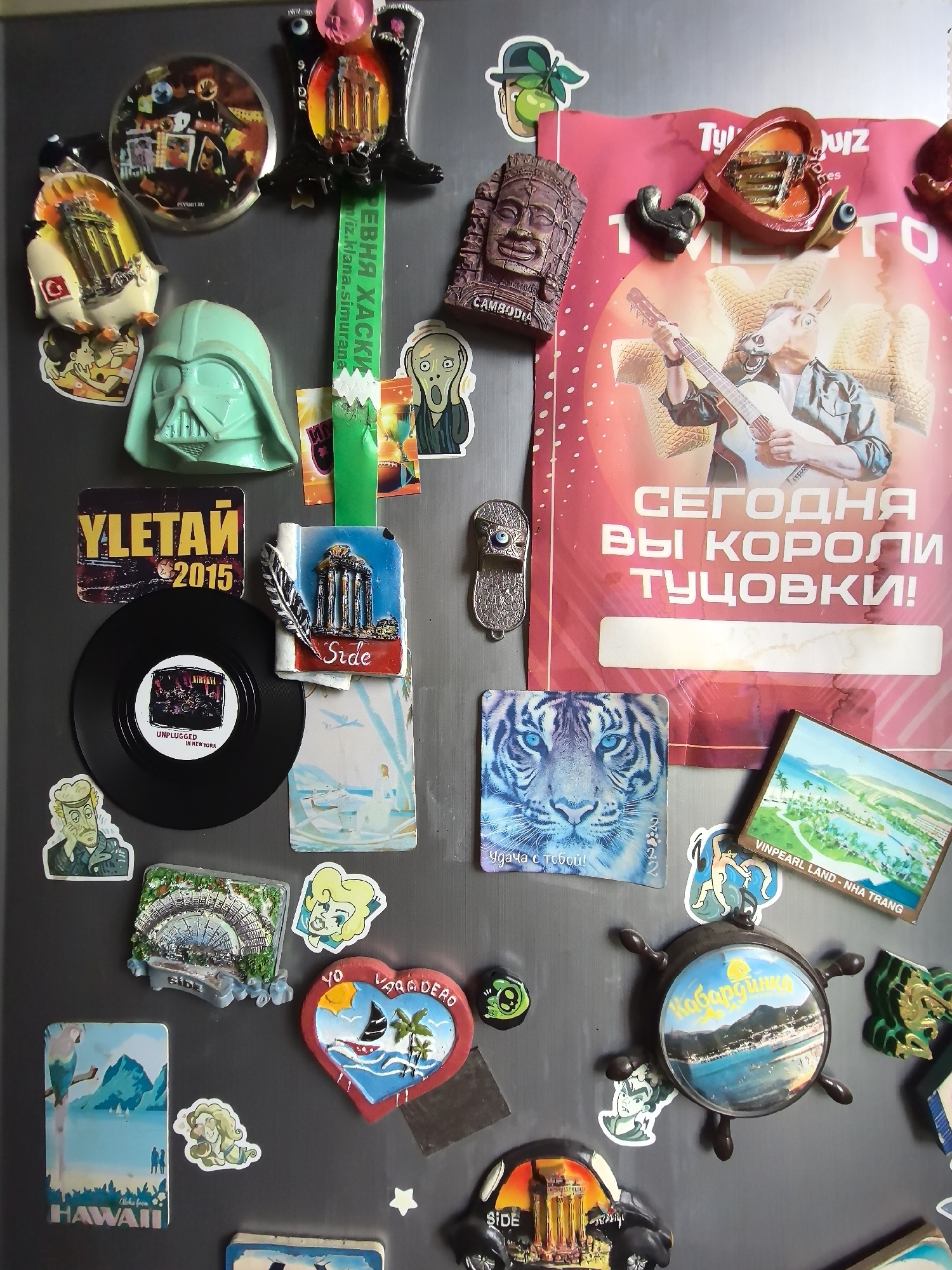 The image shows a refrigerator door covered with various magnets and stickers. The magnets include travel souvenirs from places like Cambodia, Hawaii, Nha Trang (Vinpearl Land), and Side. There are also pop culture references like Darth Vader, Nirvana, and a "Scream" sticker. One prominent magnet is in the shape of a ship's wheel with "Kabardinka" written on it, indicating the location. Additionally, there's a promotional magnet with text in Russian that translates to "Today you are the king of parties!"