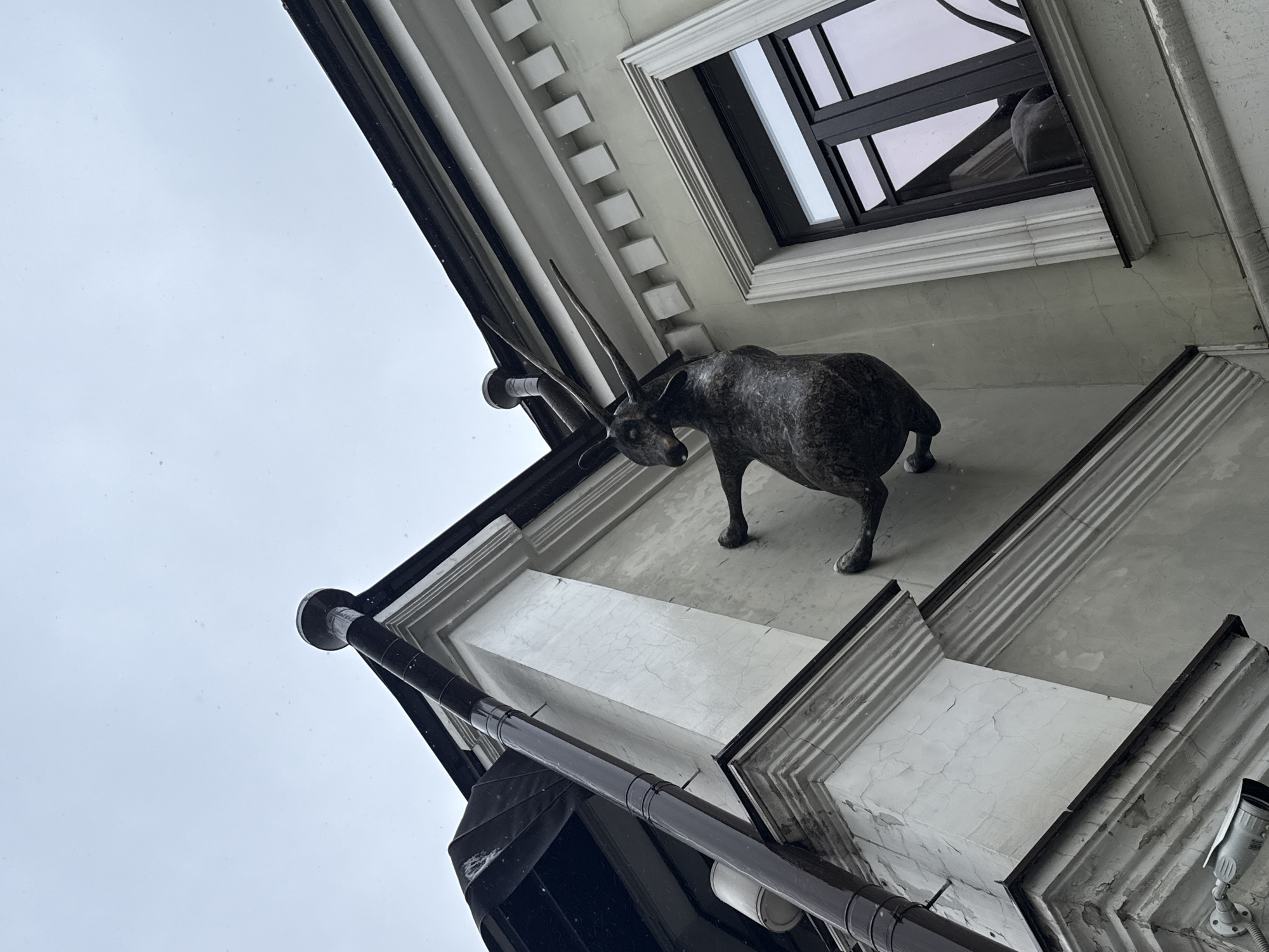 A low-angle, grayscale photograph shows a statue of an antelope on the facade of a building in Moscow, Russia. The statue is positioned on a ledge beneath a window. The sky is overcast. A gutter runs along the edge of the building.