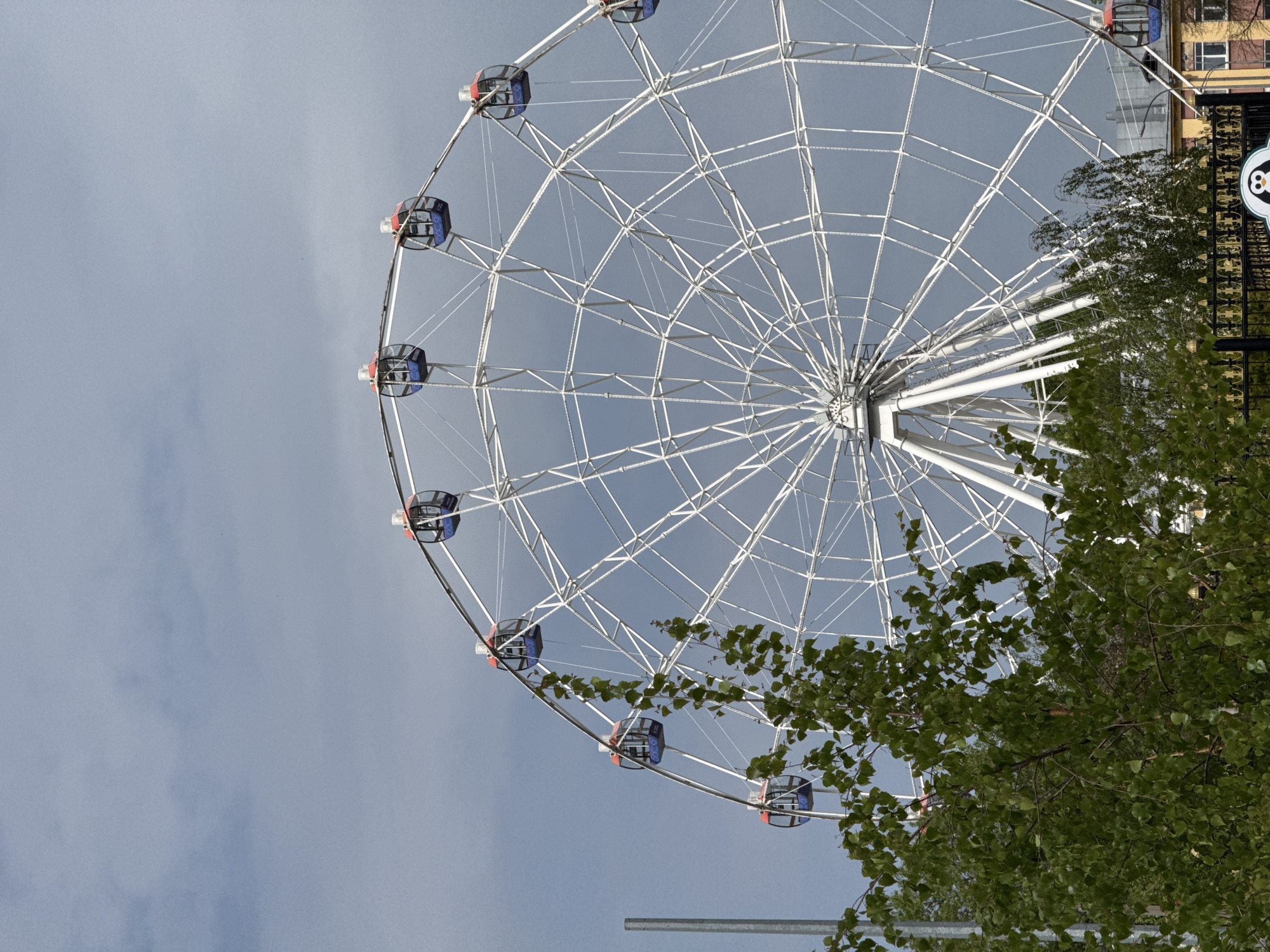 The image shows a Ferris wheel in Nizhny Novgorod, Russia, viewed from a low angle. The white metal structure of the wheel fills much of the frame, with enclosed gondolas evenly spaced around its circumference. A portion of a building is visible in the upper right corner. A tree with green leaves occupies the right side of the frame, partially obscuring the wheel. The sky is overcast.