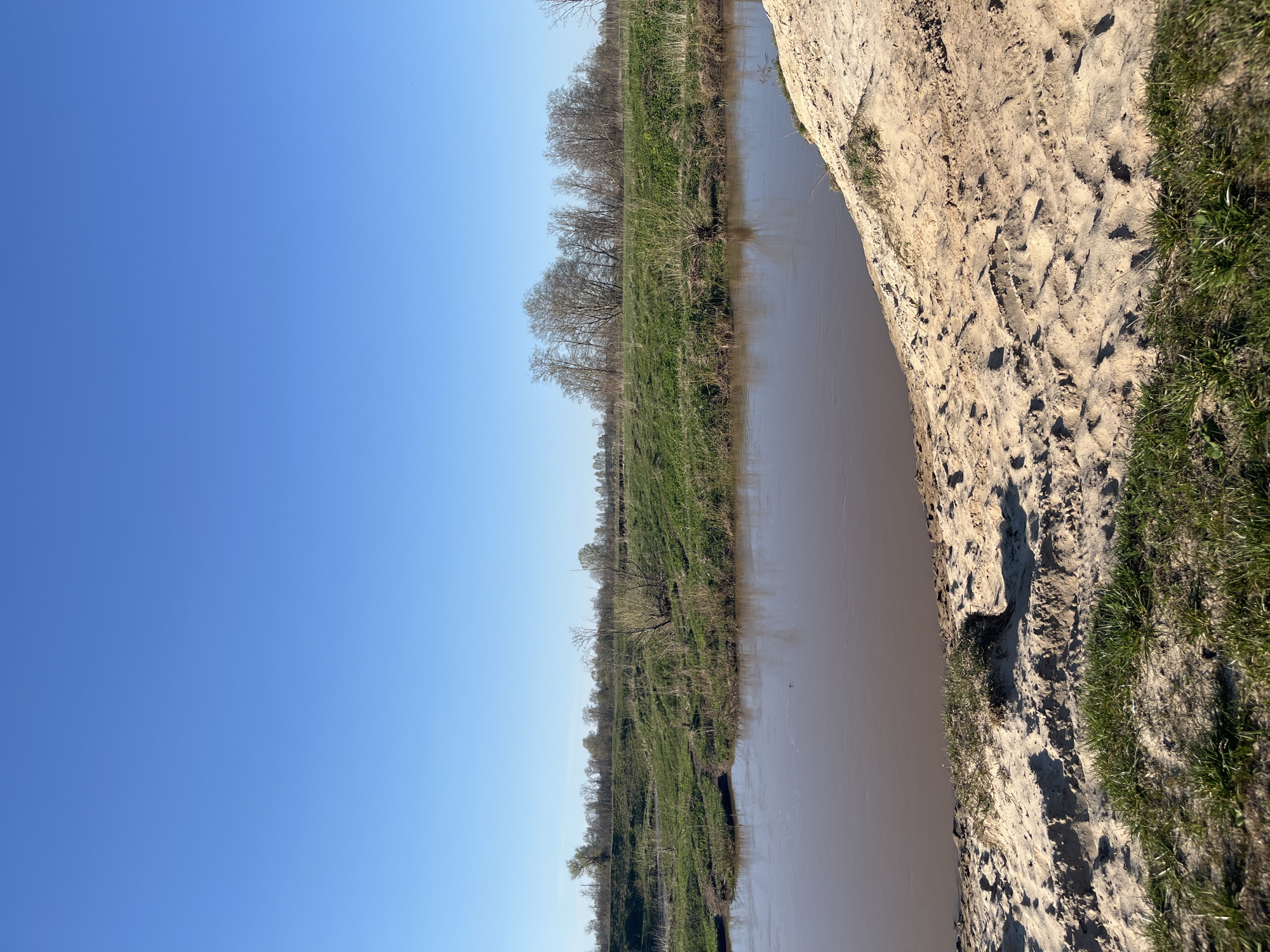 The image depicts a river scene in Voronino, Russia, with the river running horizontally across the frame. The river water is murky brown. The sky is a clear blue. The banks are covered in grass and some trees. On the near bank, there is light-colored dirt showing. The shot appears to have been taken from the top of an embankment.