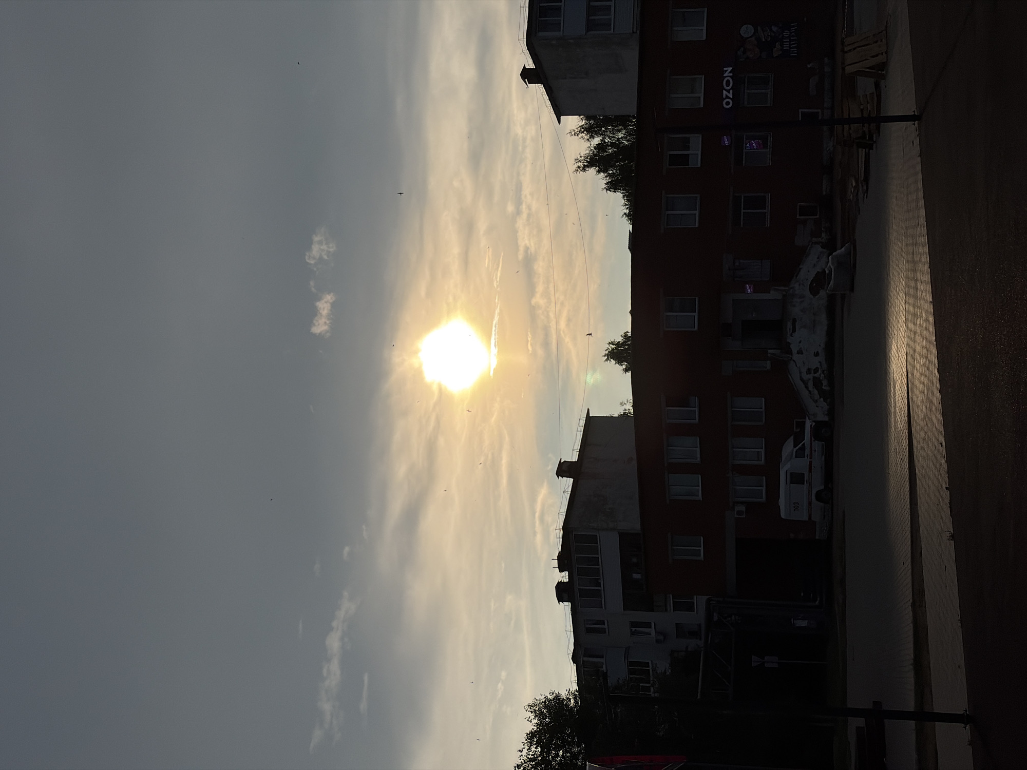 The image depicts a street scene at dusk in Noviy, Russia. The sun, a bright, diffused orb, is visible in the sky, casting a warm glow. The sky is a mix of gray and pale yellow, with scattered clouds. Several small birds are seen flying in the sky. In the foreground, a paved walkway with a patterned texture is illuminated by the setting sun. Beyond the walkway, a street is visible, partially in shadow. On the street, there is a white van with the number "103" on its side, and further down the street, a dark-colored car is parked.
Dominating the mid-ground are two buildings. The building on the left is a multi-story apartment building, silhouetted against the sky, with visible windows and balconies. To its right is a lower, red brick building, which appears to be a commercial establishment. It has a prominent sign for "OZON" and another smaller sign with Russian text. The entrance to this building is visible, with a concrete ramp leading up to it. Trees are visible behind and between the buildings, with some appearing dark and leafy. The overall scene suggests an urban or suburban environment during the transition from day to night.